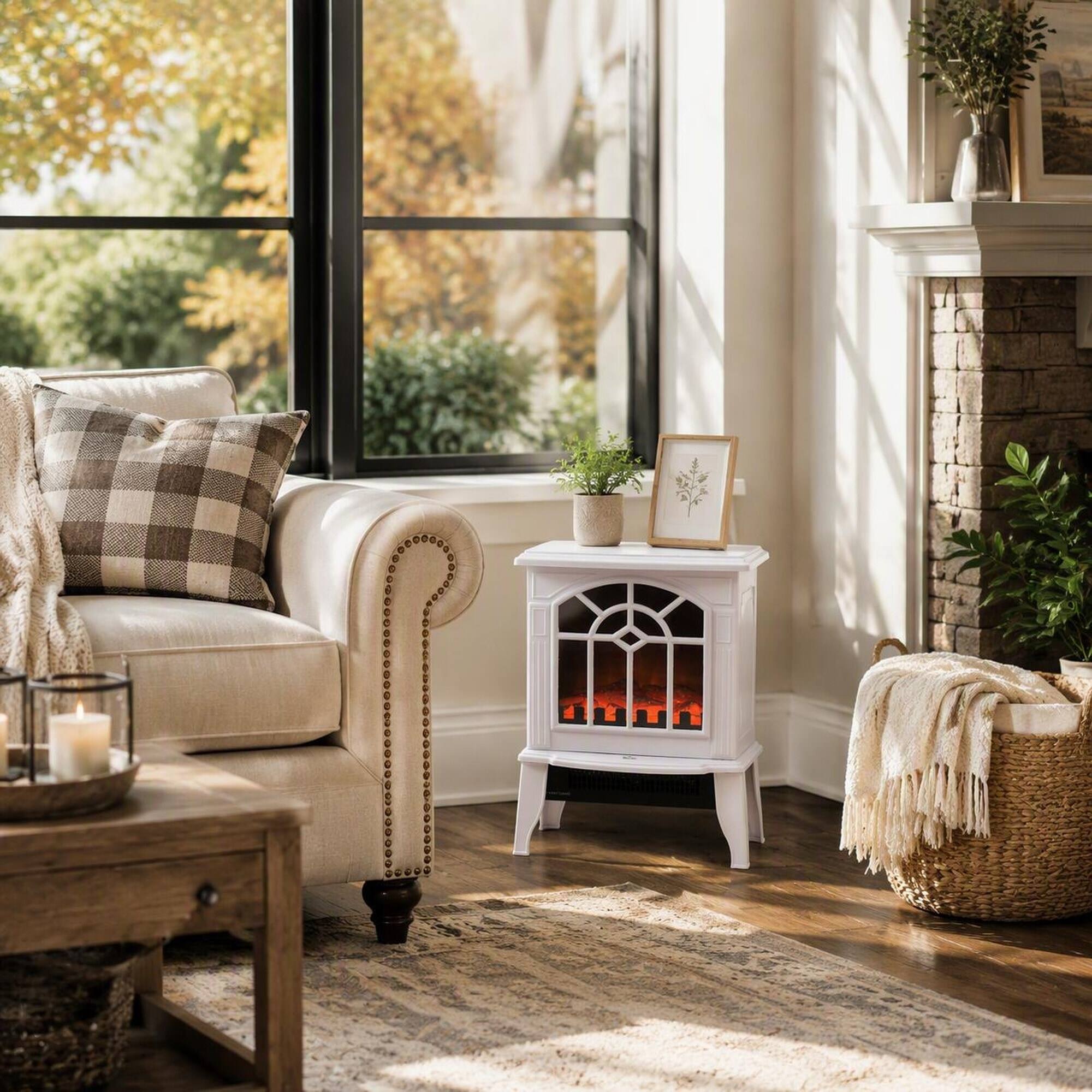 Angle. RYHNUYNE - Freestanding Electric Fireplace Heater, 18-Inch Compact Stove with Realistic Flame Effect, Adjustable 750W/1500W Heat - White.
