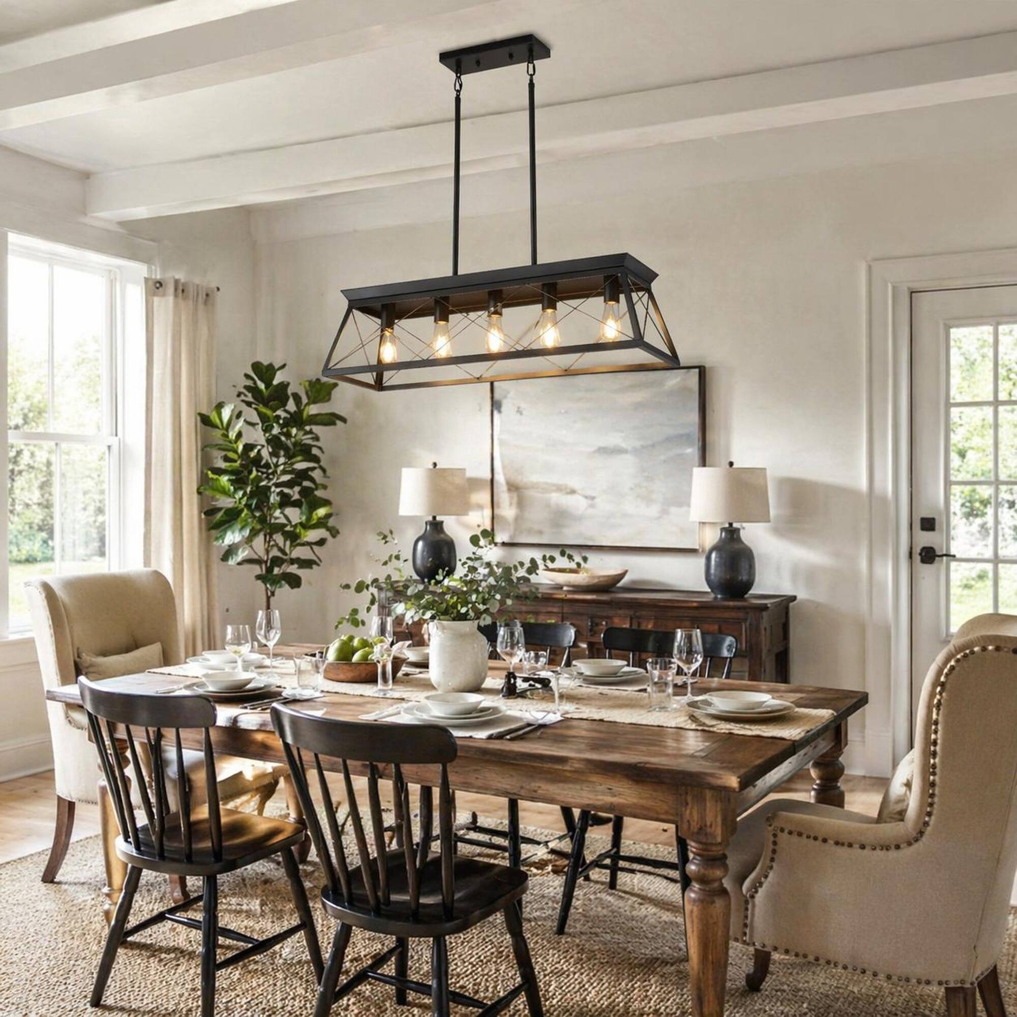 Back. RYHNUYNE - 32 in. Black Industrial 5-Light Pendant Chandelier, Kitchen Island Lighting for Dining Room - Black.