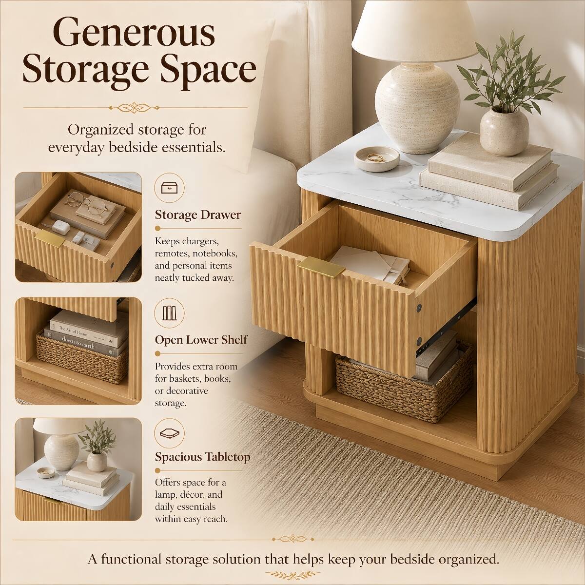 Generous Storage Space  
Organized storage for everyday bedside essentials.  

Storage Drawer  
Keeps chargers, remotes, notebooks, and personal items neatly tucked away.  

Open Lower Shelf  
Provides extra room for baskets, books, or decorative storage.  

Spacious Tabletop  
Offers space for a lamp, décor, and daily essentials within easy reach.  

A functional storage solution that helps keep your bedside organized.