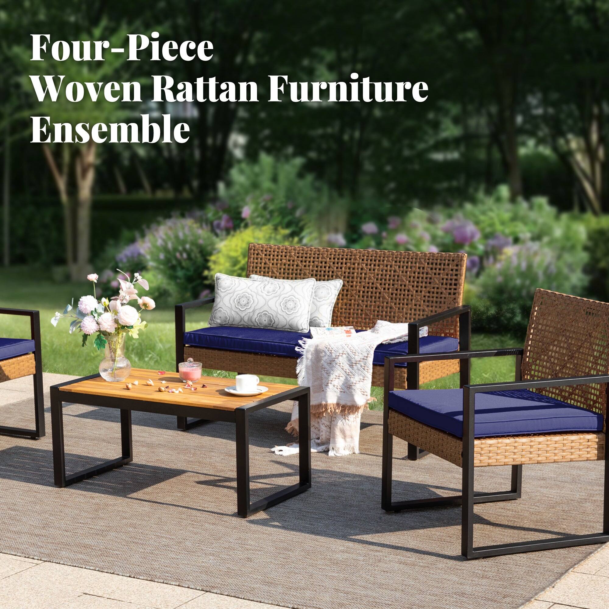 Four-Piece Woven Rattan Furniture Ensemble