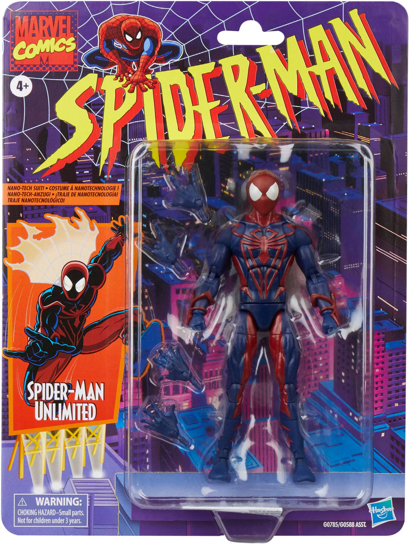 The text on the image is already grouped and correctly written. It reads: "MARVEL COMICS SPIDER-MAN NANO-TECH SUIT! COSTUME + TRAJE A DE NANOTECHNOLOGIE NANOTECNOLOGIA! TRAJE NANOTECNOLGICO! SPIDER-MAN UNLIMITED! WARNING: CHOKING HAZARD-Small parts. Not for children under 3 years. - Hasbr G0785/G0588 ASST."