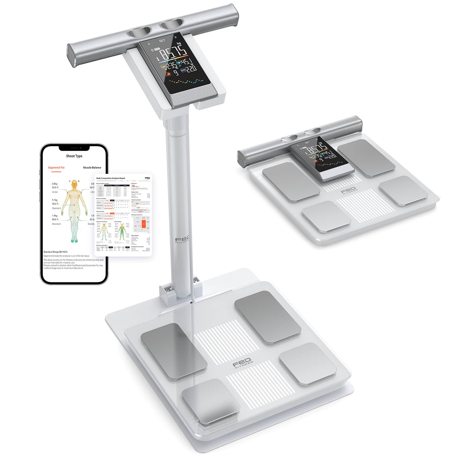 FED Fitness - BS1 Smart Scale for Body Weight with Steel Stand, VA Large Handle Display, 8-Electrode BIA Body Composition Scale - Whtie