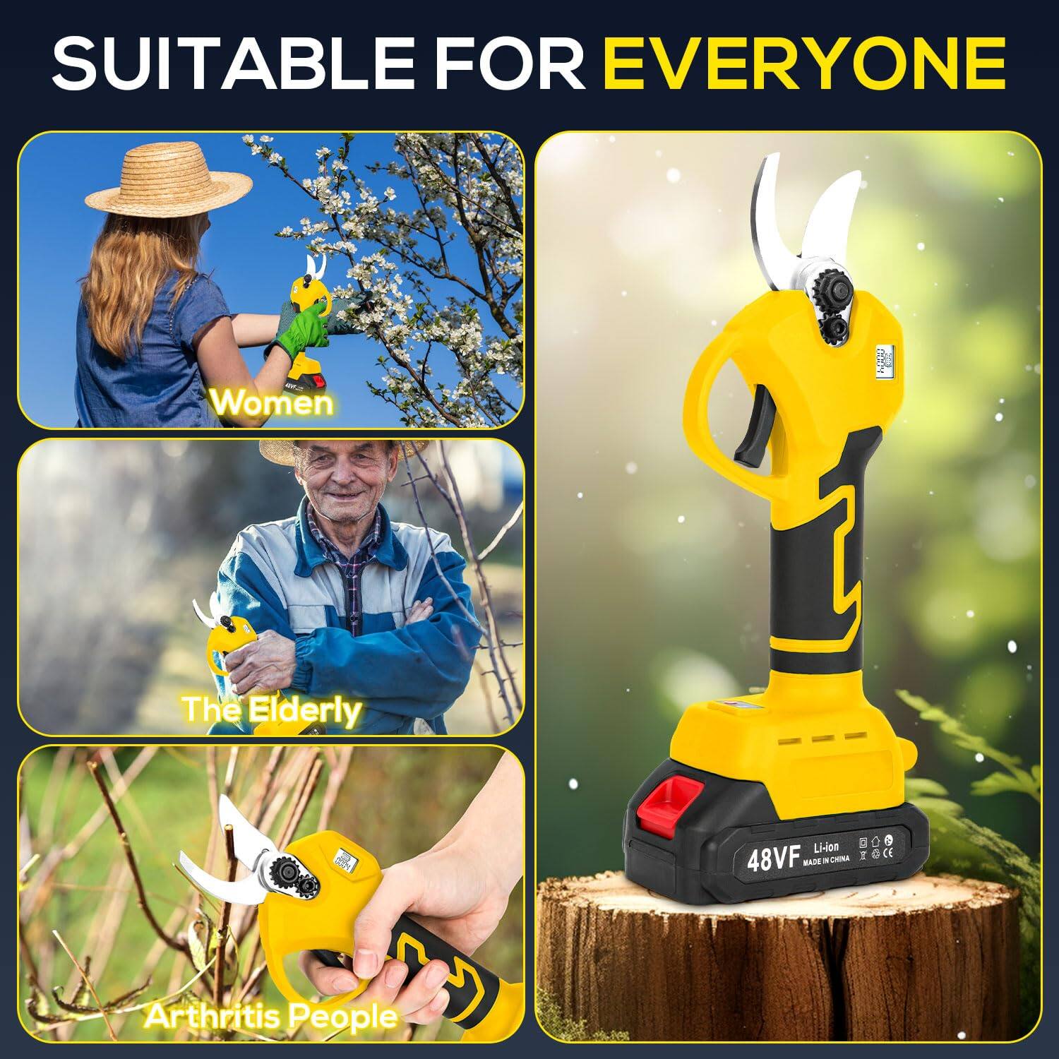 SUITABLE FOR EVERYONE

Women

The Elderly

Arthritis People

48VF Li-ion MADE IN CHINA