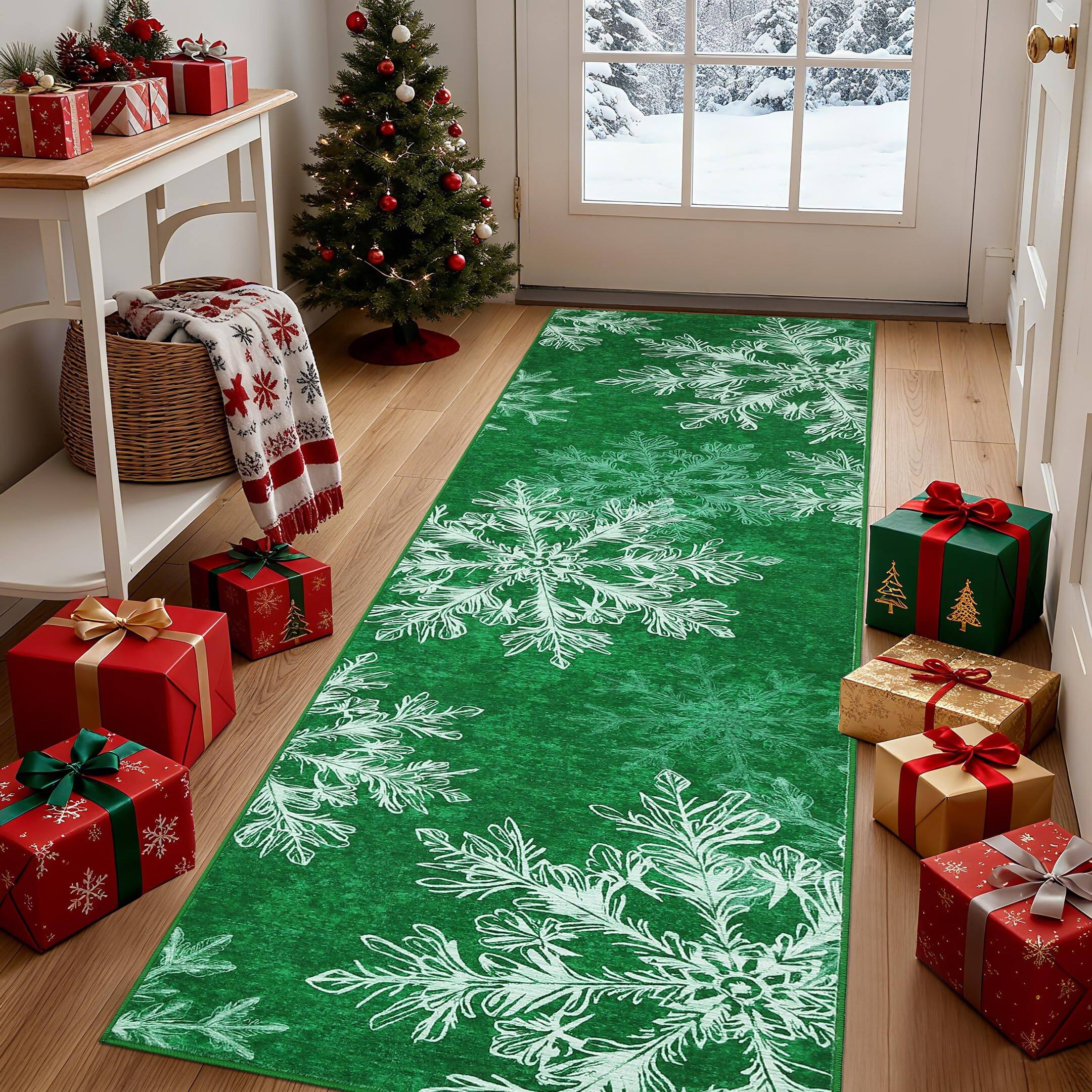 Alt View 1. Jojoka - 2x6ft  Christmas Snowflakes Printed Area Rug Washable Non Slip,Soft Indoor Carpets,Low Pile Xmas Decoration Rugs - Green.