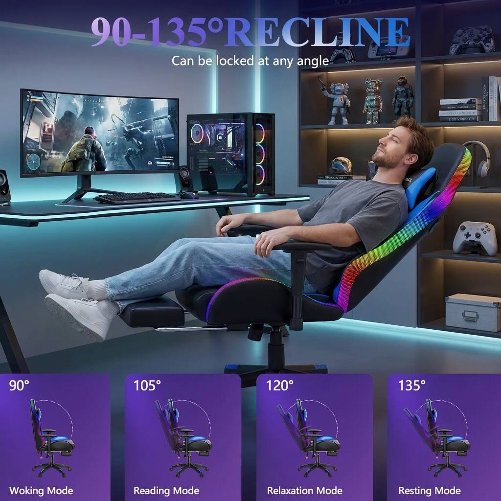 90-135° RECLINE  
Can be locked at any angle  

90°  
Working Mode  

105°  
Reading Mode  

120°  
Relaxation Mode  

135°  
Resting Mode