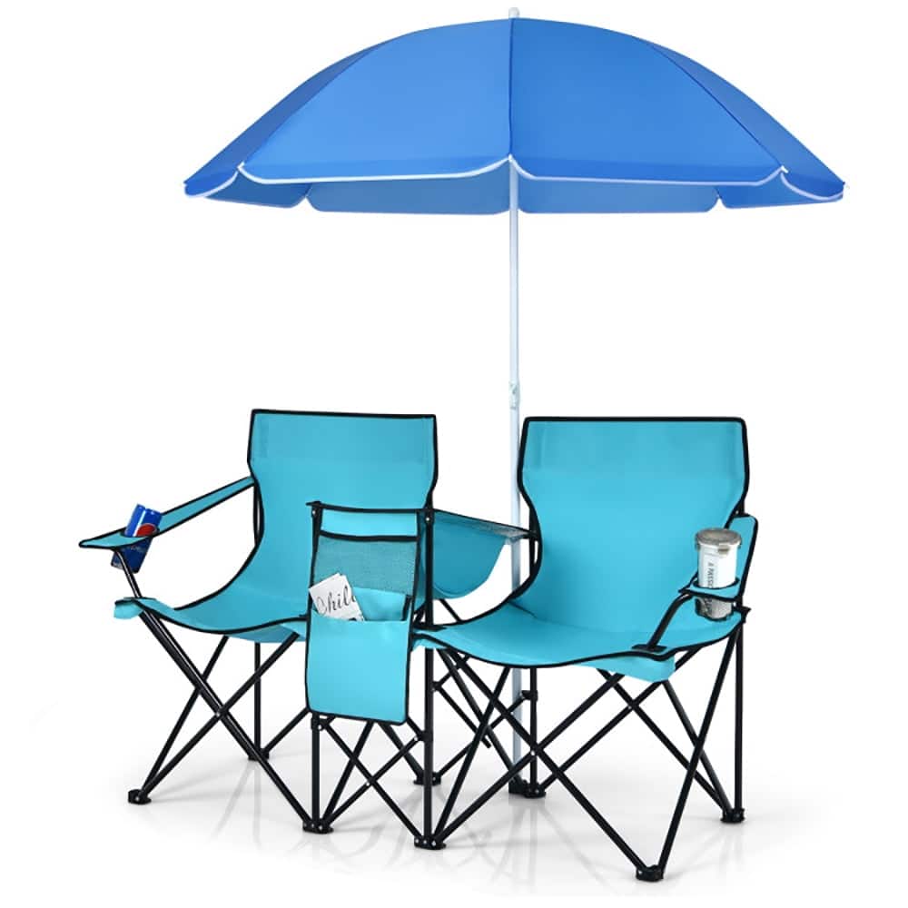 Kadyn - Portable Folding Picnic Double Chair With Umbrella-Turquoise，Portable Folding Picnic Chair for Beach, Camping - Blue