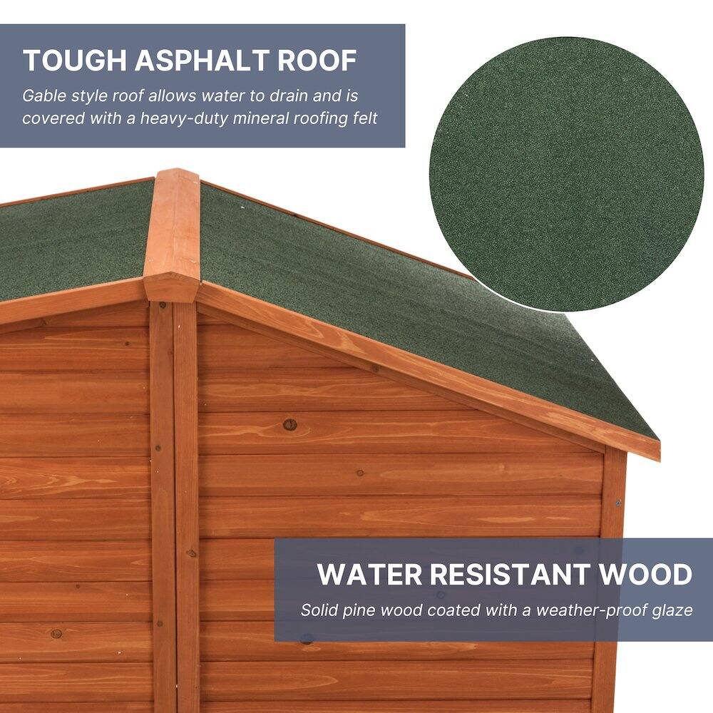 TOUGH ASPHALT ROOF  
Gable style roof allows water to drain and is covered with a heavy-duty mineral roofing felt  

WATER RESISTANT WOOD  
Solid pine wood coated with a weather-proof glaze