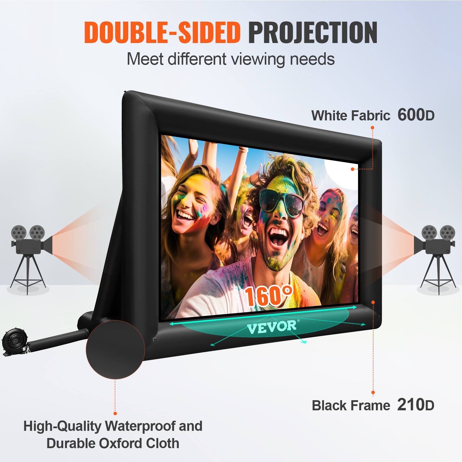 DOUBLE-SIDED PROJECTION Meet different viewing needs White Fabric 600D Black Frame 210D High-Quality Waterproof and Durable Oxford Cloth VEVOR 160