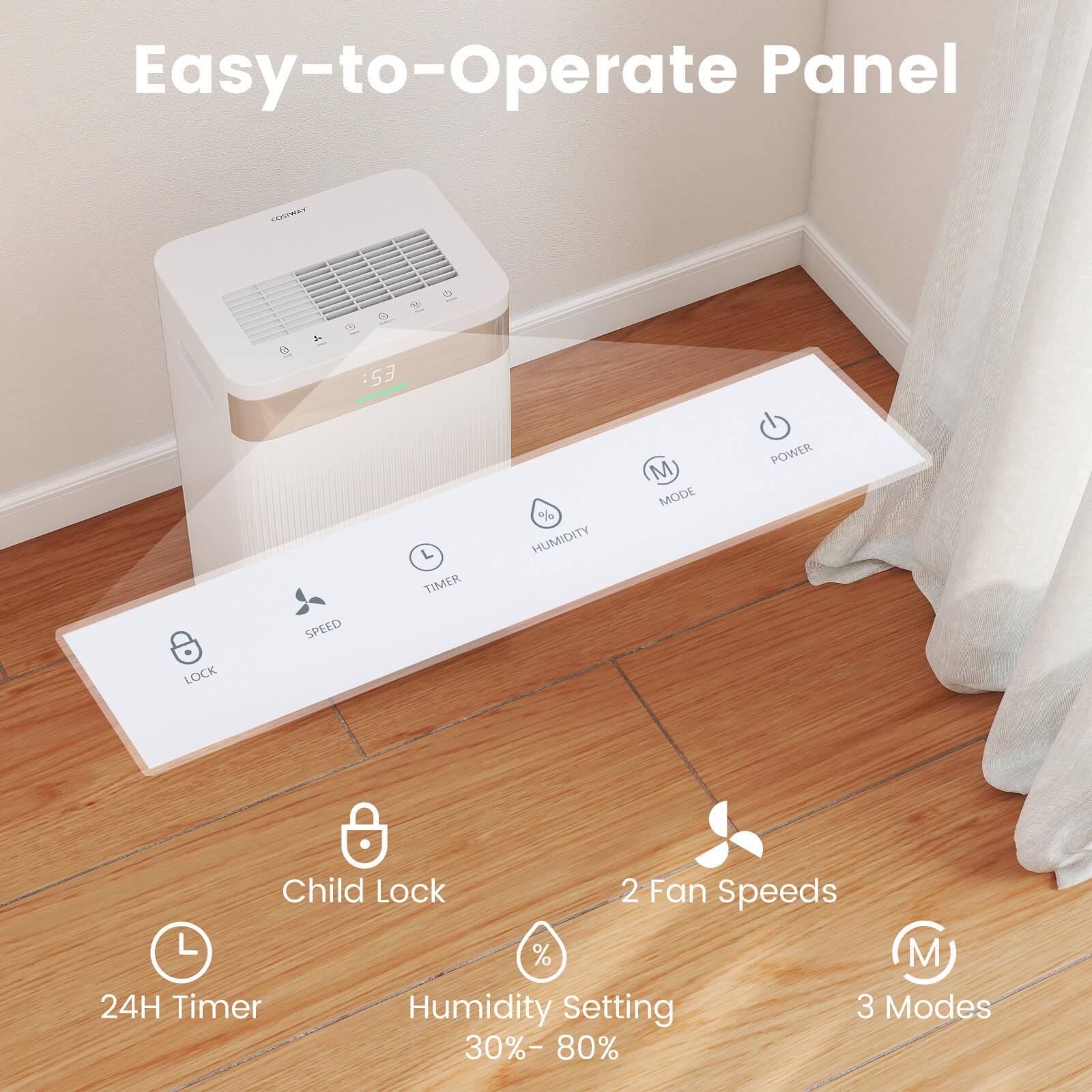 Easy-to-Operate Panel

- Child Lock
- 24H Timer
- Humidity Setting 30%-80%
- 2 Fan Speeds
- 3 Modes
- Power
- Mode
- Timer
- Humidity
- Speed
- Lock
