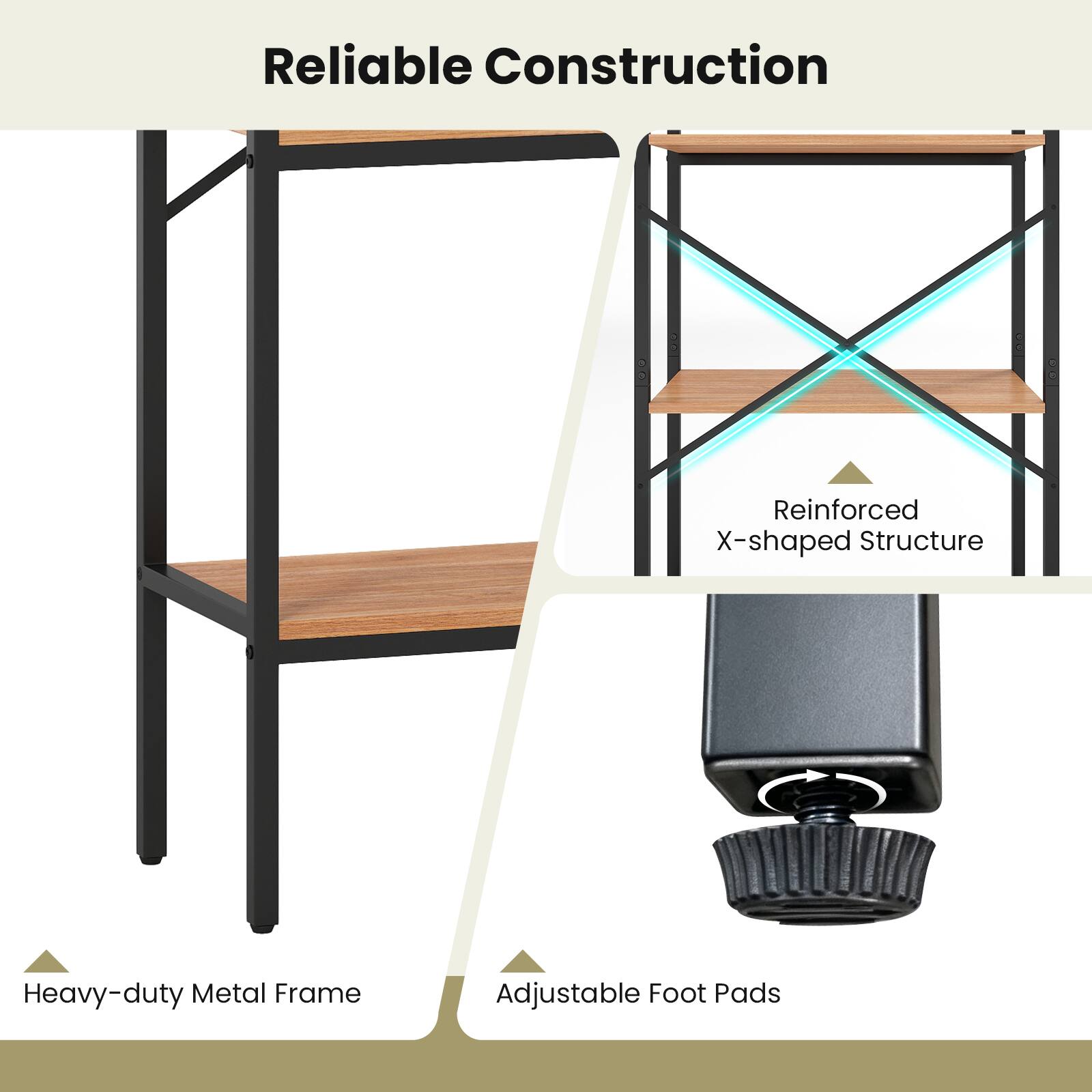 Reliable Construction

- Reinforced X-shaped Structure
- Heavy-duty Metal Frame
- Adjustable Foot Pads