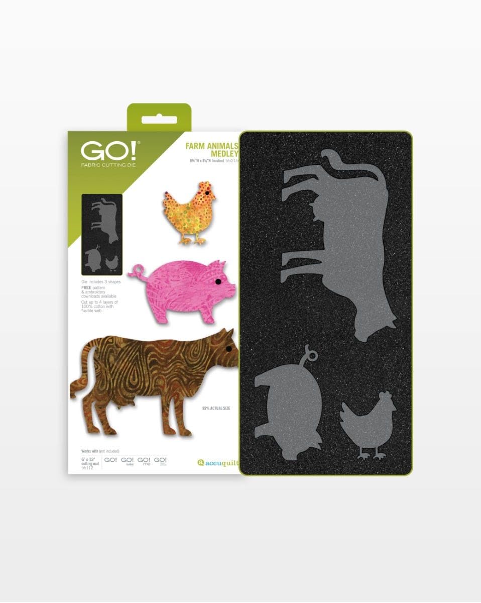 GO! FABRIC CUTTING DIE FARM ANIMALS MEDLEY EN"W  Seoded 55215 De ncludes 3 shapes FREE pattem & embrcadery dowhicads aiabie Out - te 4 Savers a 0% carton wih fut wet 10% ACTUAL uN wats wlh on nchatet) 6112 a GO! GO! GO! GO! cliig - mE 56112 accuquilt