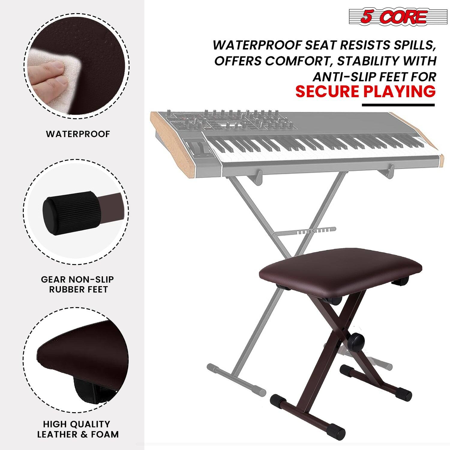 5 CORE, WATERPROOF SEAT RESISTS SPILLS, OFFERS COMFORT, STABILITY WITH ANTI-SLIP FEET FOR SECURE PLAYING, WATERPROOF, GEAR NON-SLIP RUBBER FEET, HIGH QUALITY LEATHER & FOAM
