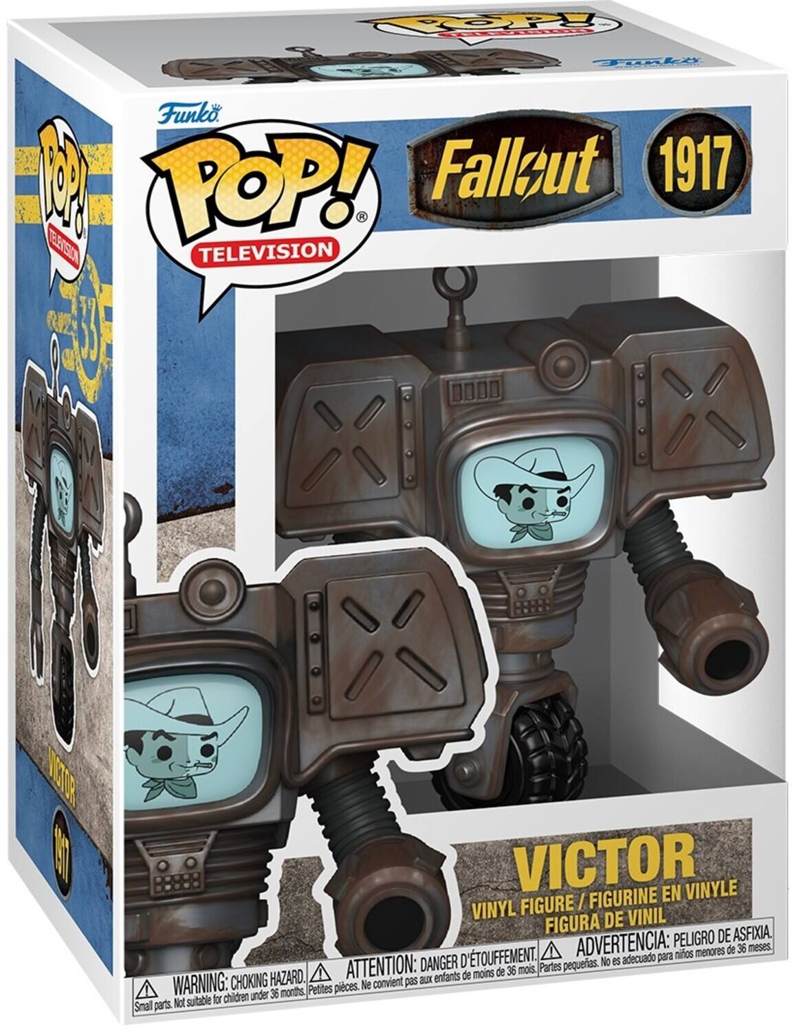 1000  
Funko POP! Fallout 1917 TELEVISION  
VICTOR  
VINYL FIGURE / FIGURINE EN VINYLE / FIGURA DE VINIL  
ADVERTENCIA: PELIGRO DE ASFIXIA. menores de 36 meses.  
DANGER D'ÉTOUFFEMENT.  
ATTENTION: CHOKING HAZARD.  
WARNING: Small parts. Not suitable for children under 36 months.