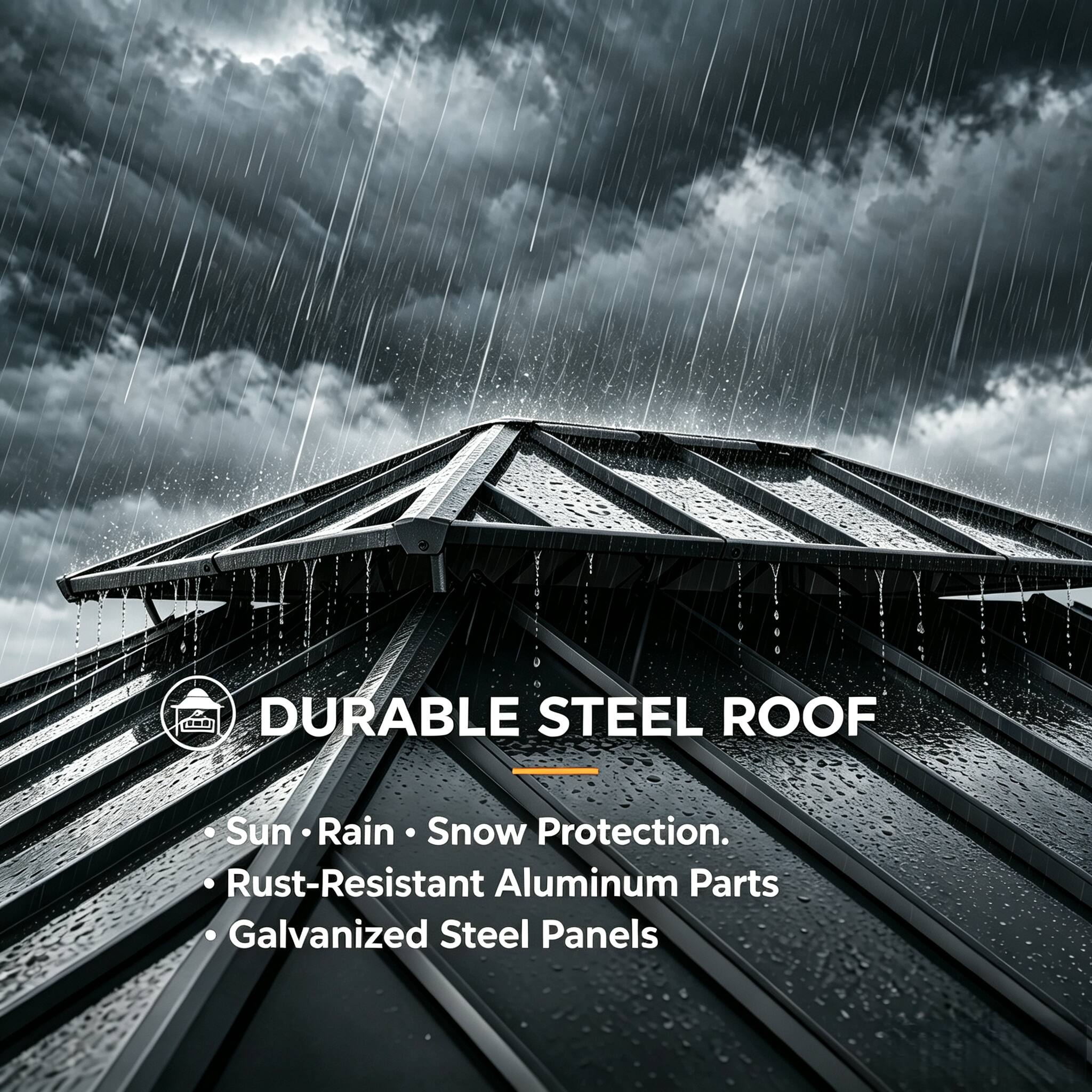 DURABLE STEEL ROOF  
Sun • Rain • Snow Protection.  
Rust-Resistant Aluminum Parts  
Galvanized Steel Panels
