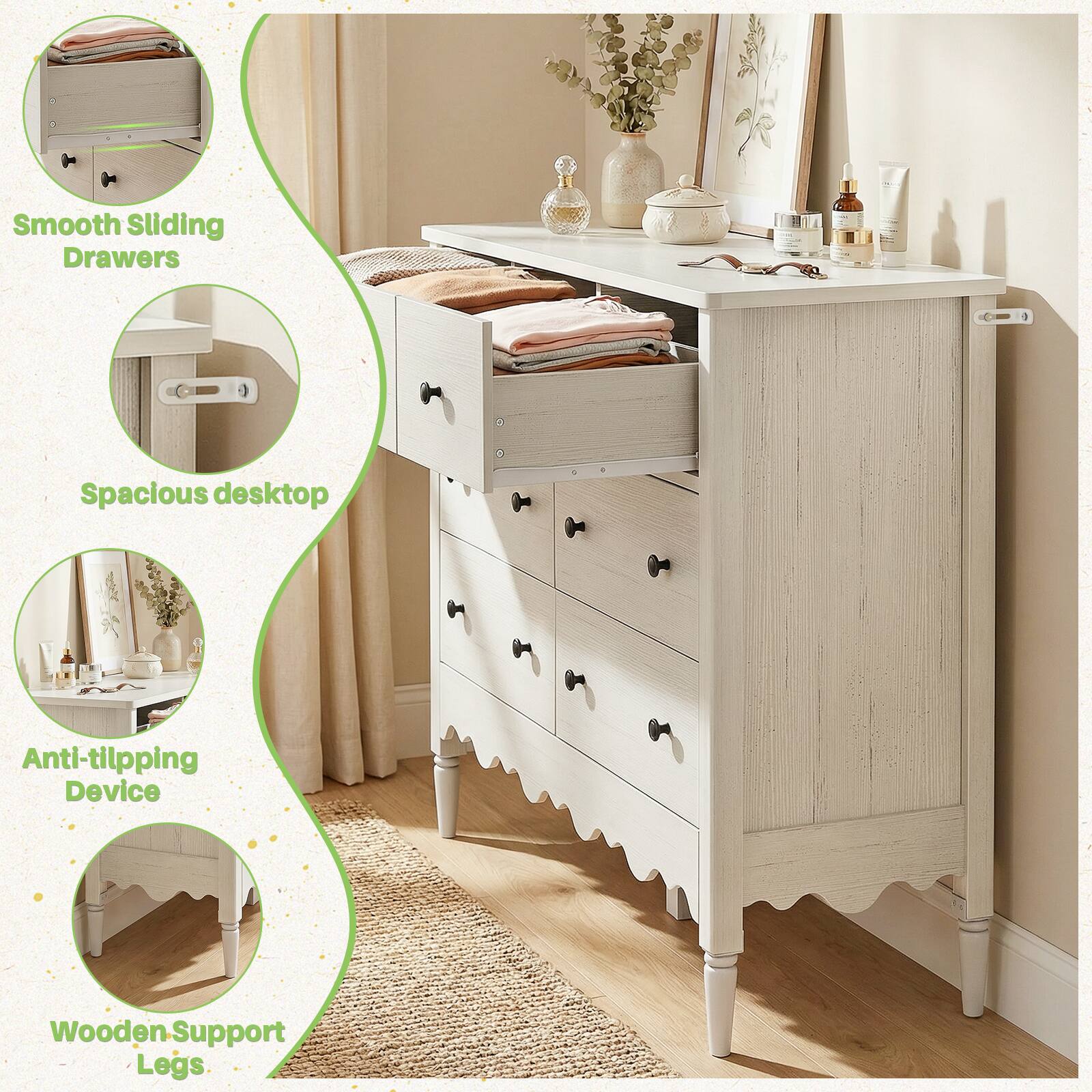 Smooth Sliding Drawers  
Spacious desktop  
Anti-tilting Device  
Wooden Support Legs
