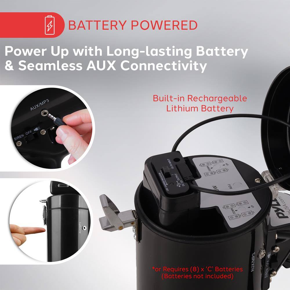 BATTERY POWERED

Power Up with Long-lasting Battery & Seamless AUX Connectivity

Built-in Rechargeable Lithium Battery

*or Requires (8) x 'C' Batteries (Batteries not included)