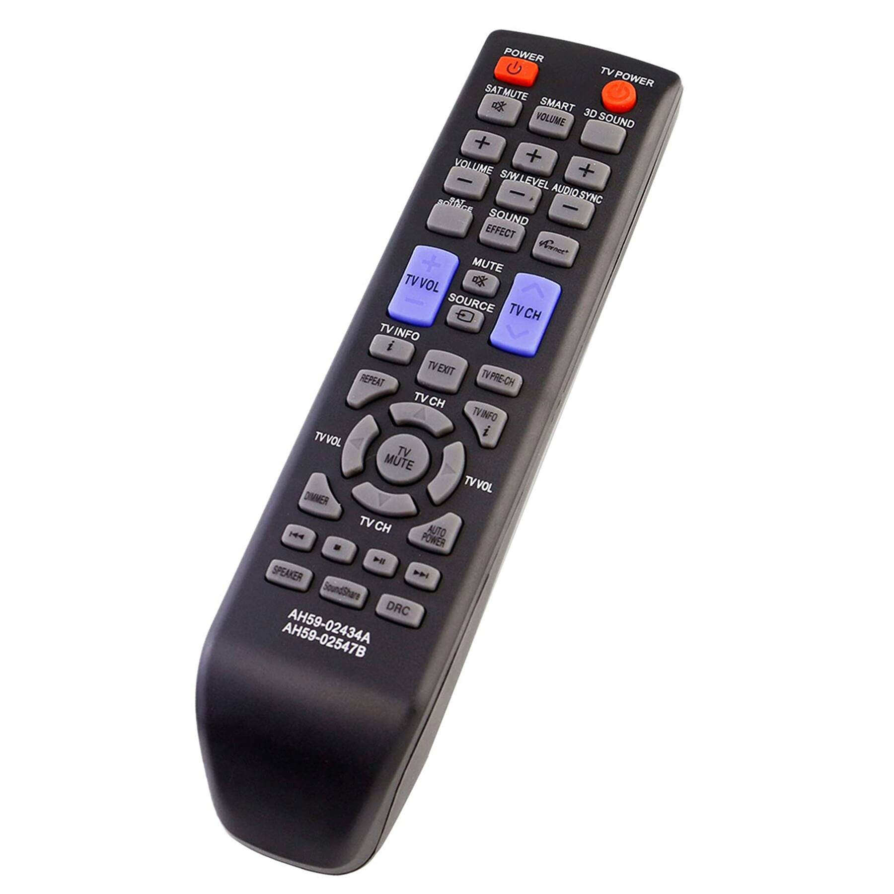 POWER TV POWER SATMUTE SMART 3D VOLUME S/W.LEVEL AUDIO SYNC SOUND EFFECT MUTE TV VOL SOURCE TV CH TV INFO EXIT REPEAT TV PRE-CH TV CH TV VOL TV MUTE TV VOL DIMMER TV CH AUTO POWER SPEAKER SoundShare DRC AH59-02547B AH59-02434A