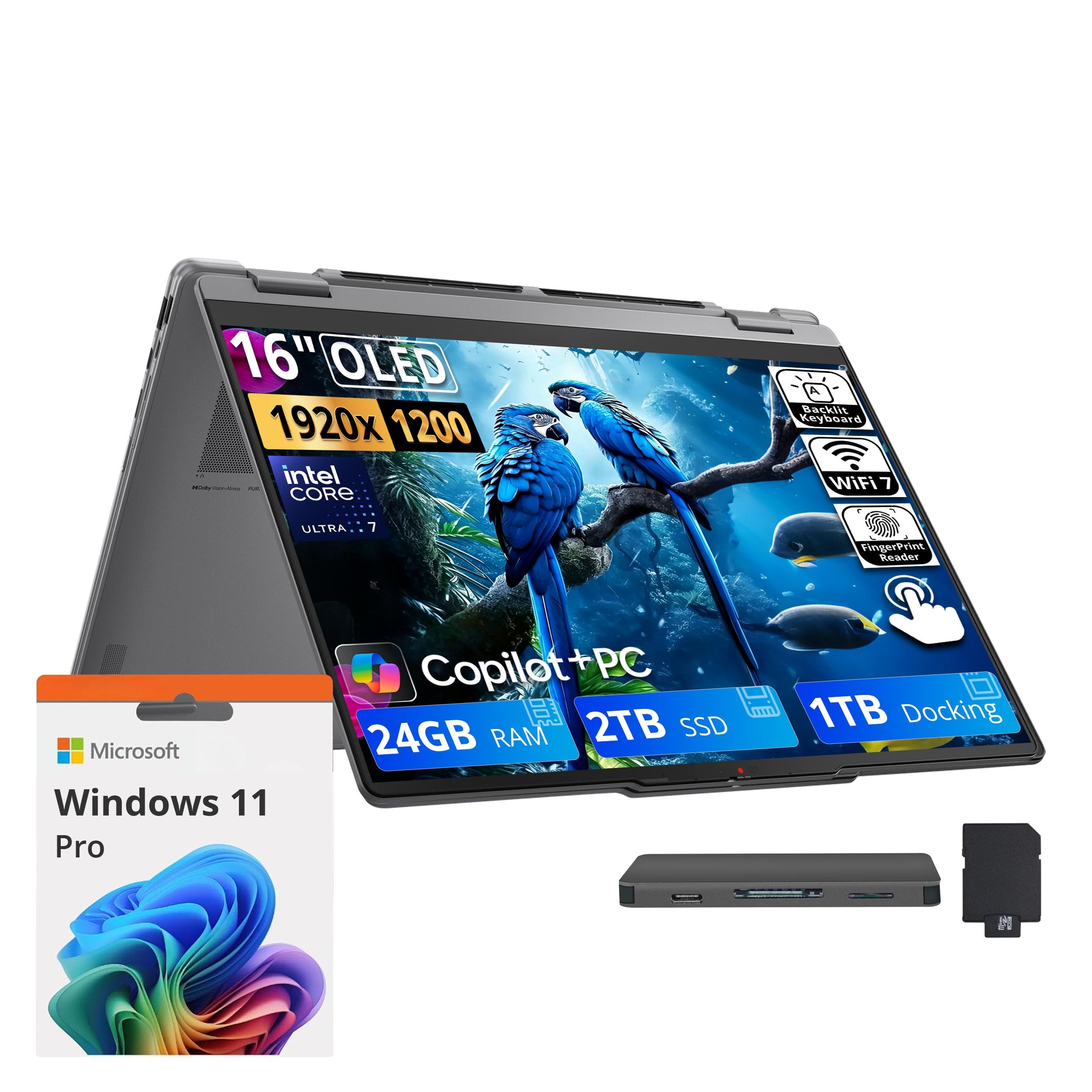 Lenovo - Upgraded - Yoga 7i 2in1 16" OLED Touch Laptop,Ultra 7 355,24GB RAM,2TB SSD+1TB Dock Set,Backlit,Fingerprint,Win11 Pro,Grey - Gray