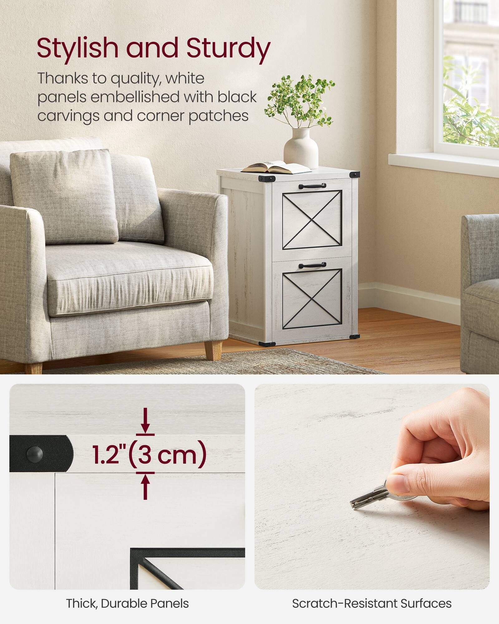 Stylish and Sturdy  
Thanks to quality, white panels embellished with black carvings and corner patches  

1.2" (3 cm) Thick, Durable Panels  

Scratch-Resistant Surfaces