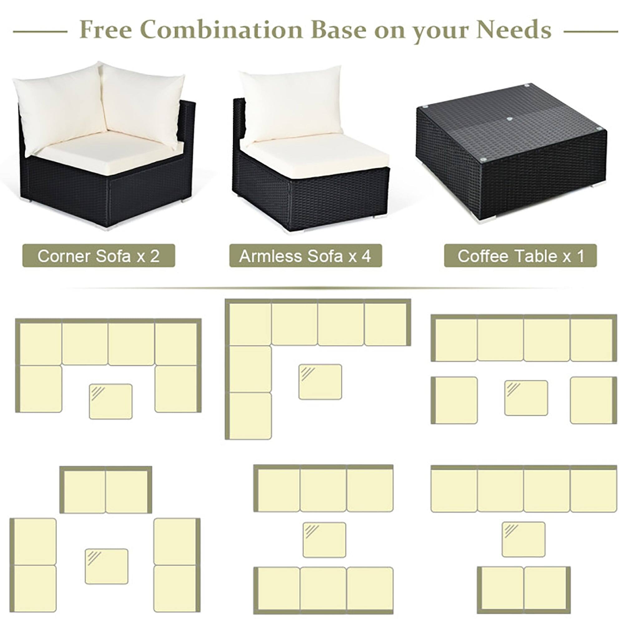 Free Combination Base on your Needs  
Corner Sofa x 2  
Armless Sofa x 4  
Coffee Table x 1