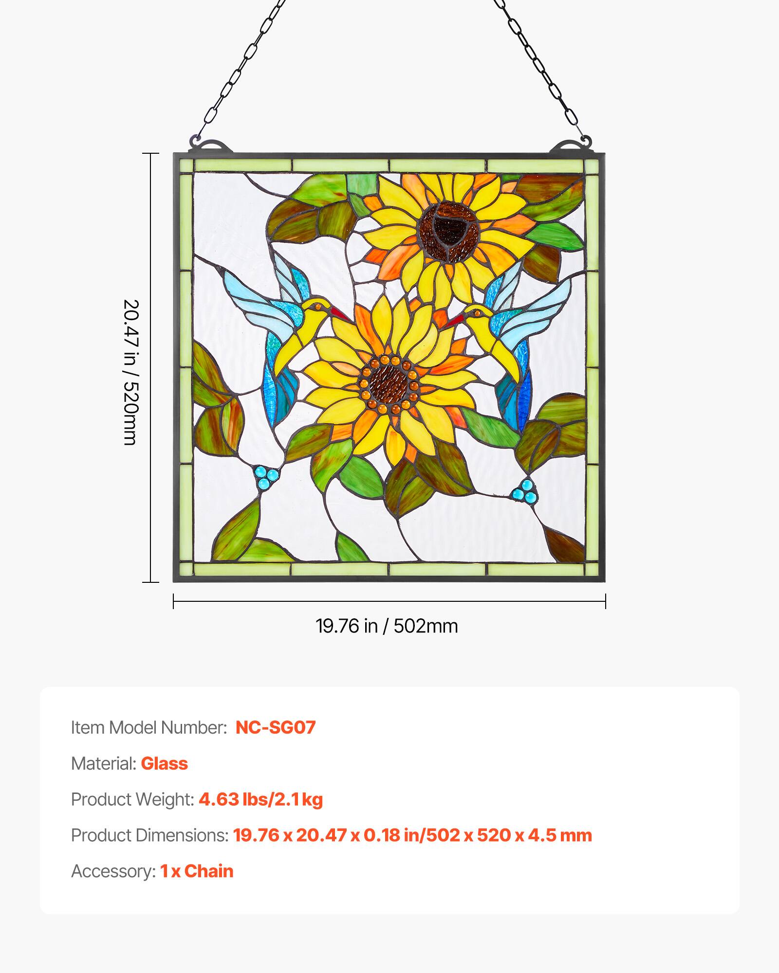 20.47 in / 520mm  
19.76 in / 502mm  

Item Model Number: NC-SGO7  
Material: Glass  
Product Weight: 4.63 lbs/2.1kg  
Product Dimensions: 19.76 x 20.47 x 0.18 in/502 x 520 x 4.5 mm  
Accessory: 1x Chain
