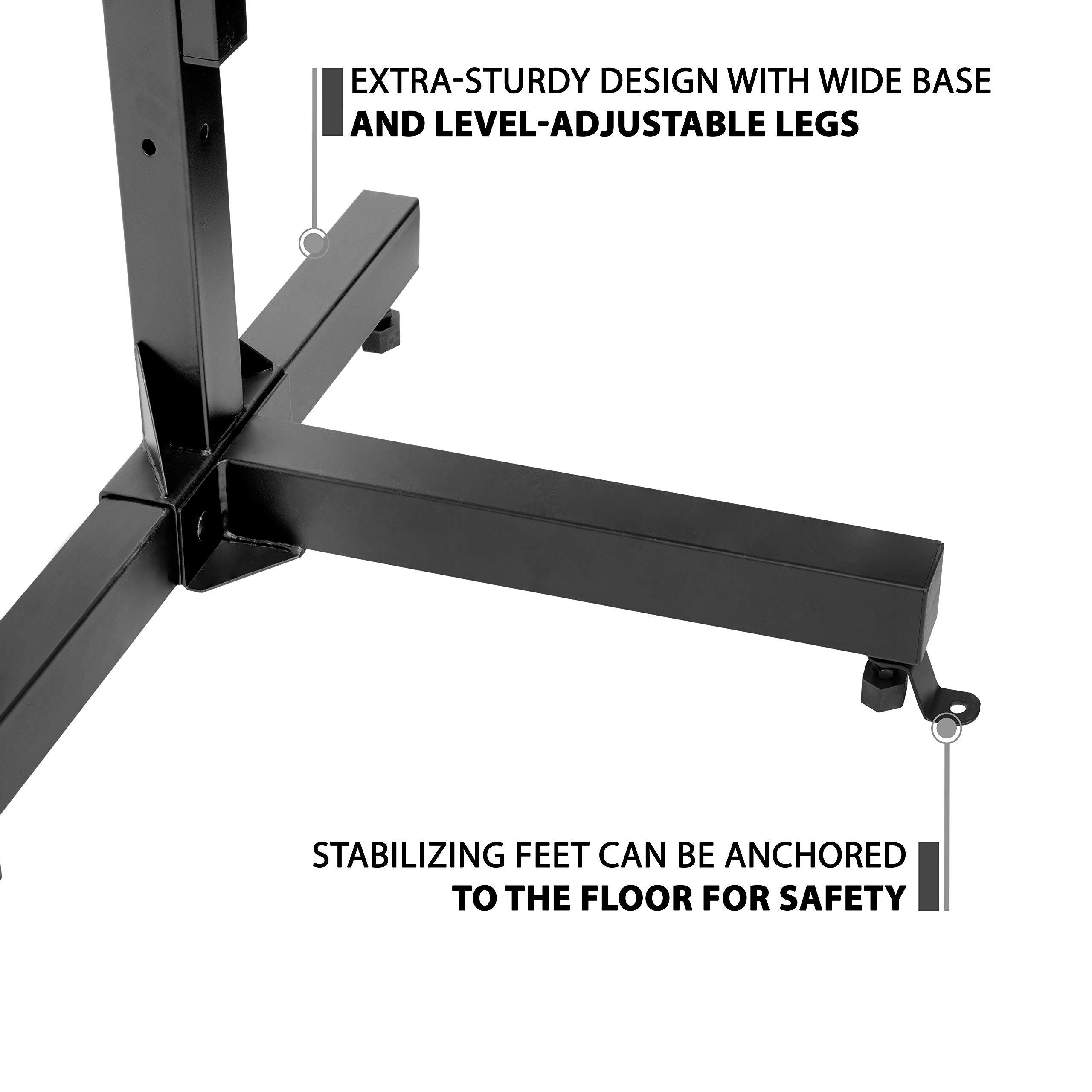 EXTRA-STURDY DESIGN WITH WIDE BASE AND LEVEL-ADJUSTABLE LEGS

STABILIZING FEET CAN BE ANCHORED TO THE FLOOR FOR SAFETY