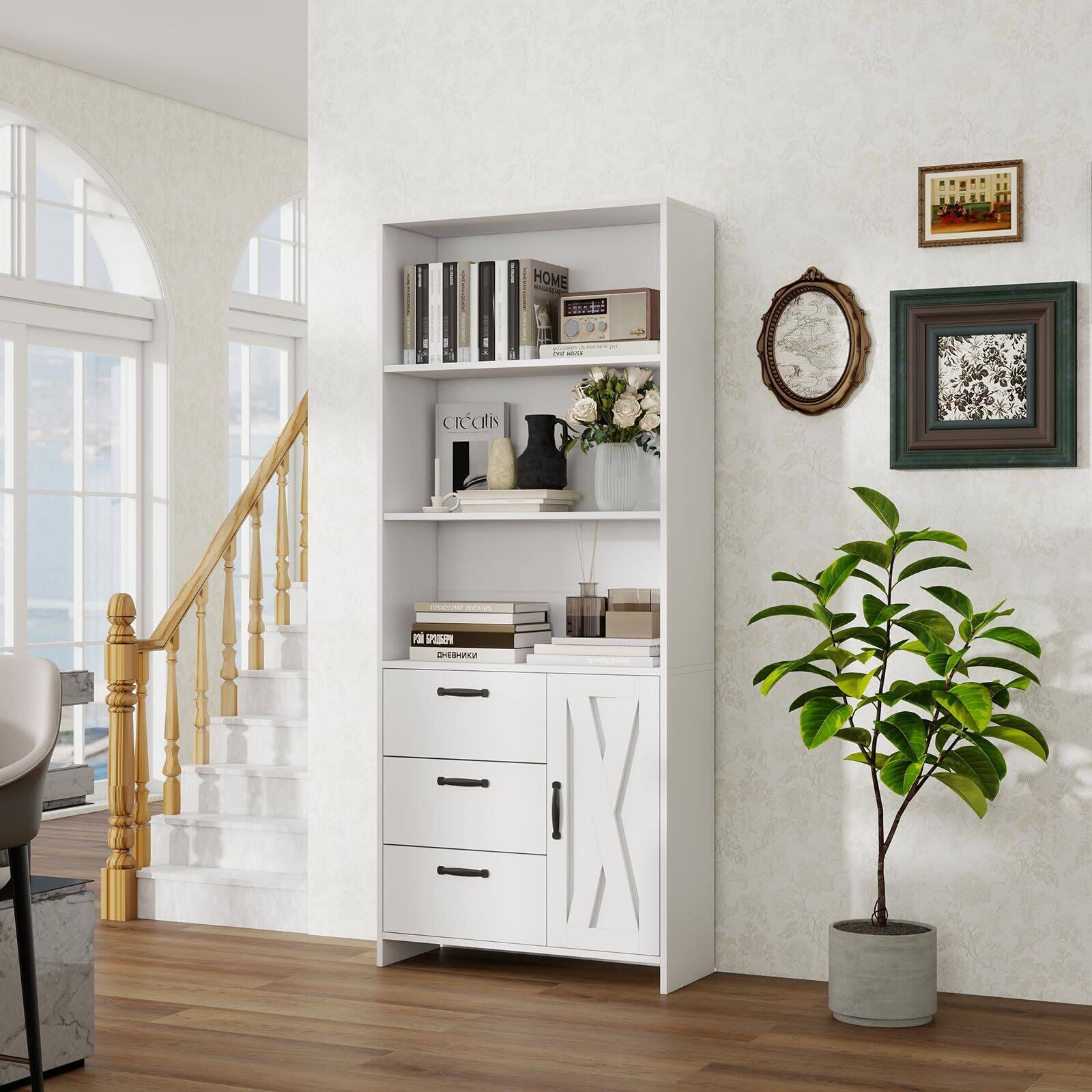Babevy - Bookshelf with Door and 3 Drawers, 71" Tall Bookcase Shelf with 3-Tier Open Shelves, Wood Bookshelves and Bookcases - White