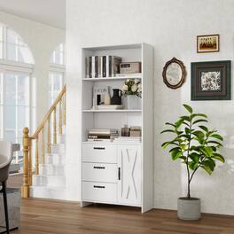 Babevy - Bookshelf with Door and 3 Drawers, 71" Tall Bookcase Shelf with 3-Tier Open Shelves, Wood Bookshelves and Bookcases - White
