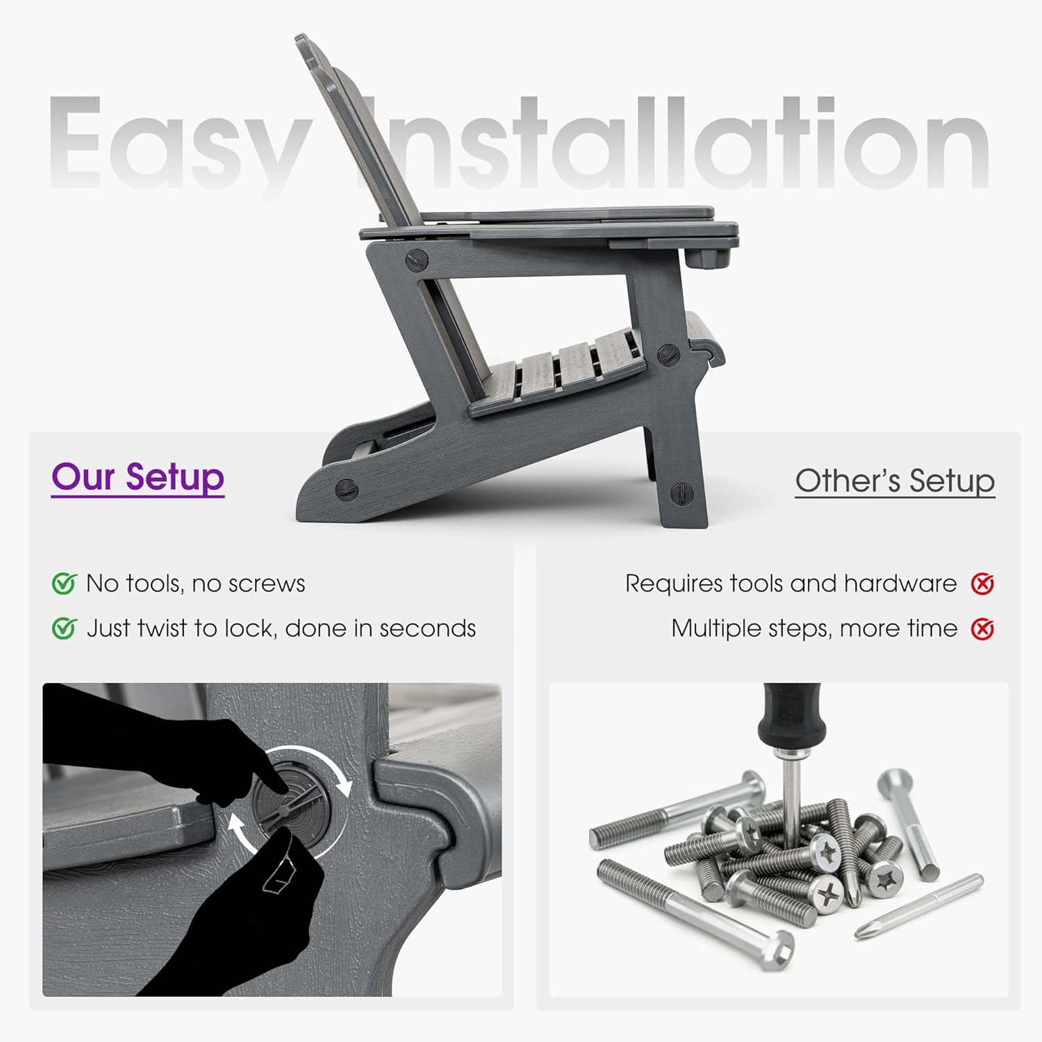 Easy Installation

Our Setup
- No tools, no screws
- Just twist to lock, done in seconds

Other's Setup
- Requires tools and hardware
- Multiple steps, more time