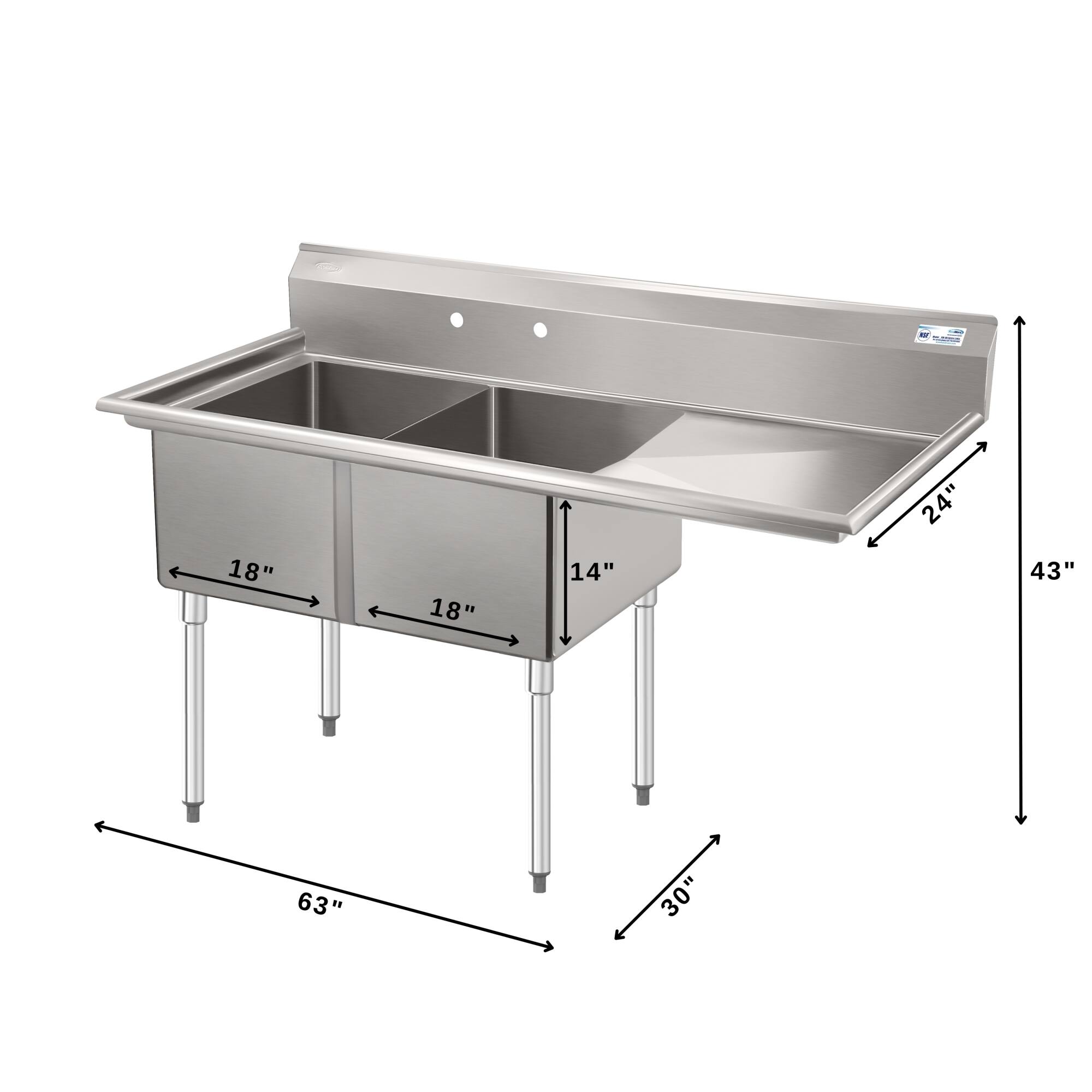 - Width: 63"
- Depth: 30"
- Height: 43"
- Sink Dimensions: 18" x 18" x 14"
- Faucet Height: 24"