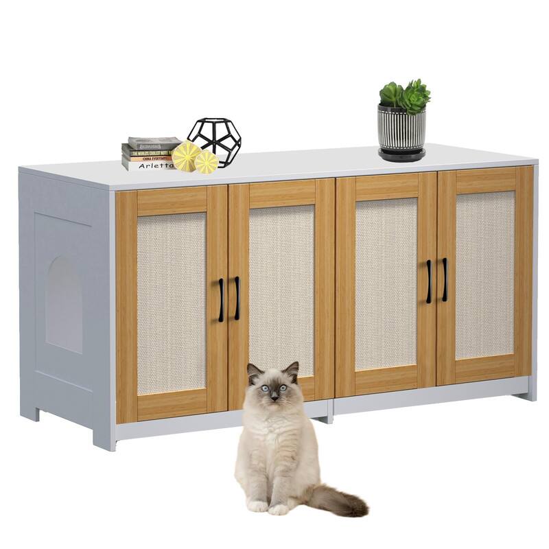 Alt View 1. GARVEE - 47 inch Double Litter Box Enclosure - Wooden 2-Cat Hidden Cabinet w/ Drawers & Doors, Cat House/TV Stand Sideboard - White.