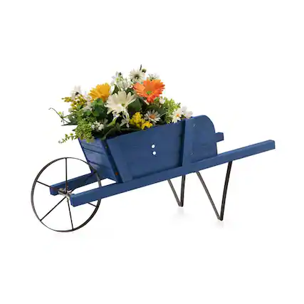 Front. Pefilos - Wooden Wagon Planter with 9 Magnetic Accessories for Garden Yard-Blue, Flower Pot Stand for Planter Corner Garden - Blue.