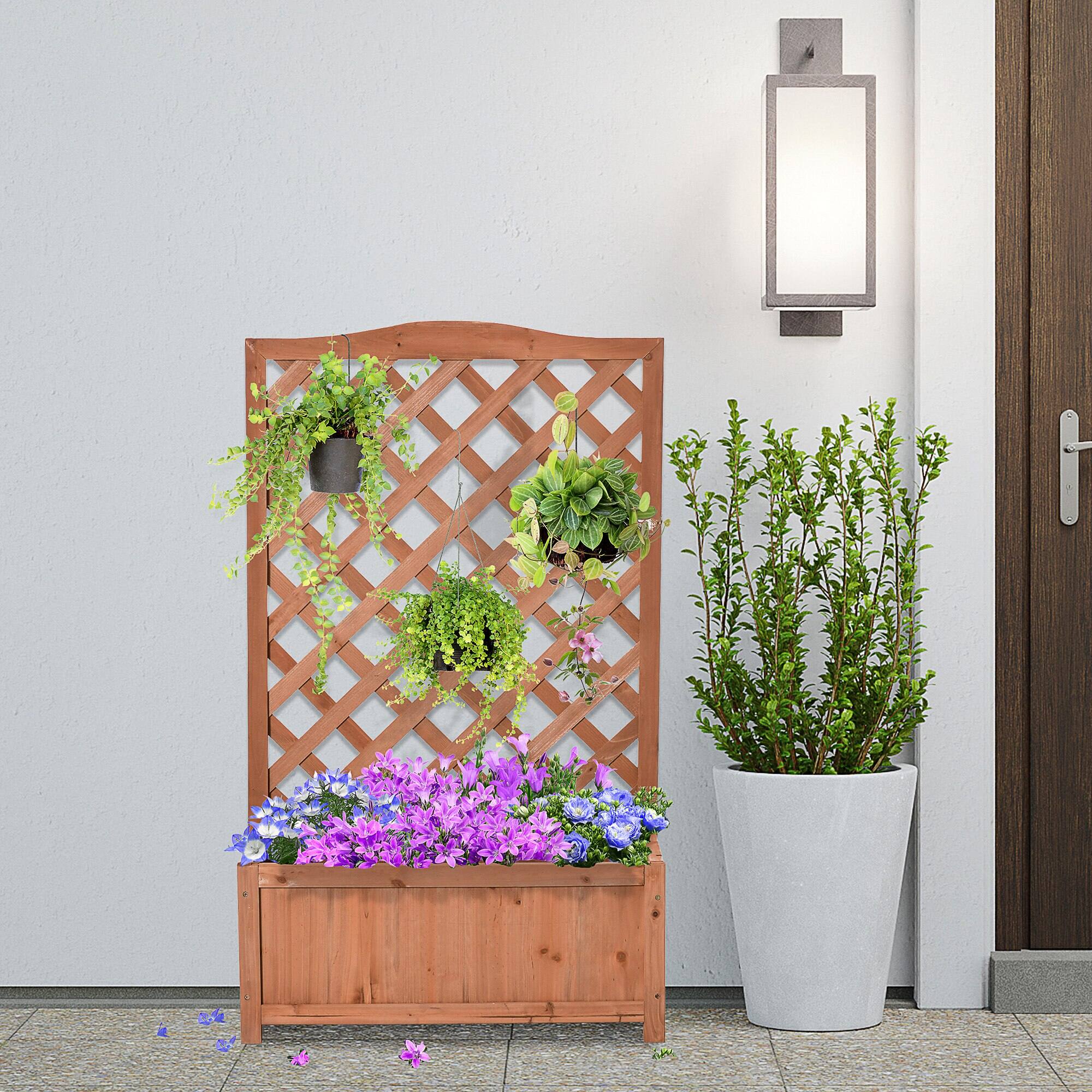 Alt View 1. Outsunny - Wooden Planter with Trellis, Raised Garden Bed to Grow Vegetables, Herbs, Flowers for Backyard - Brown.