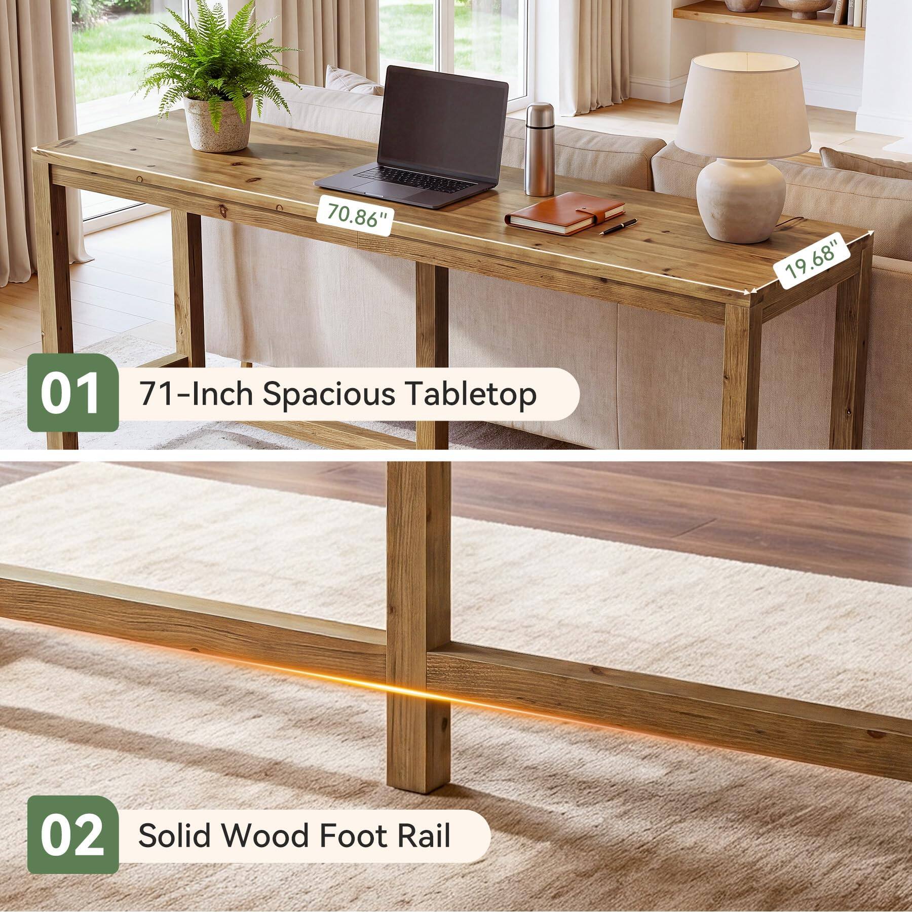 70.86"  
19.68"  
01 71-Inch Spacious Tabletop  
02 Solid Wood Foot Rail