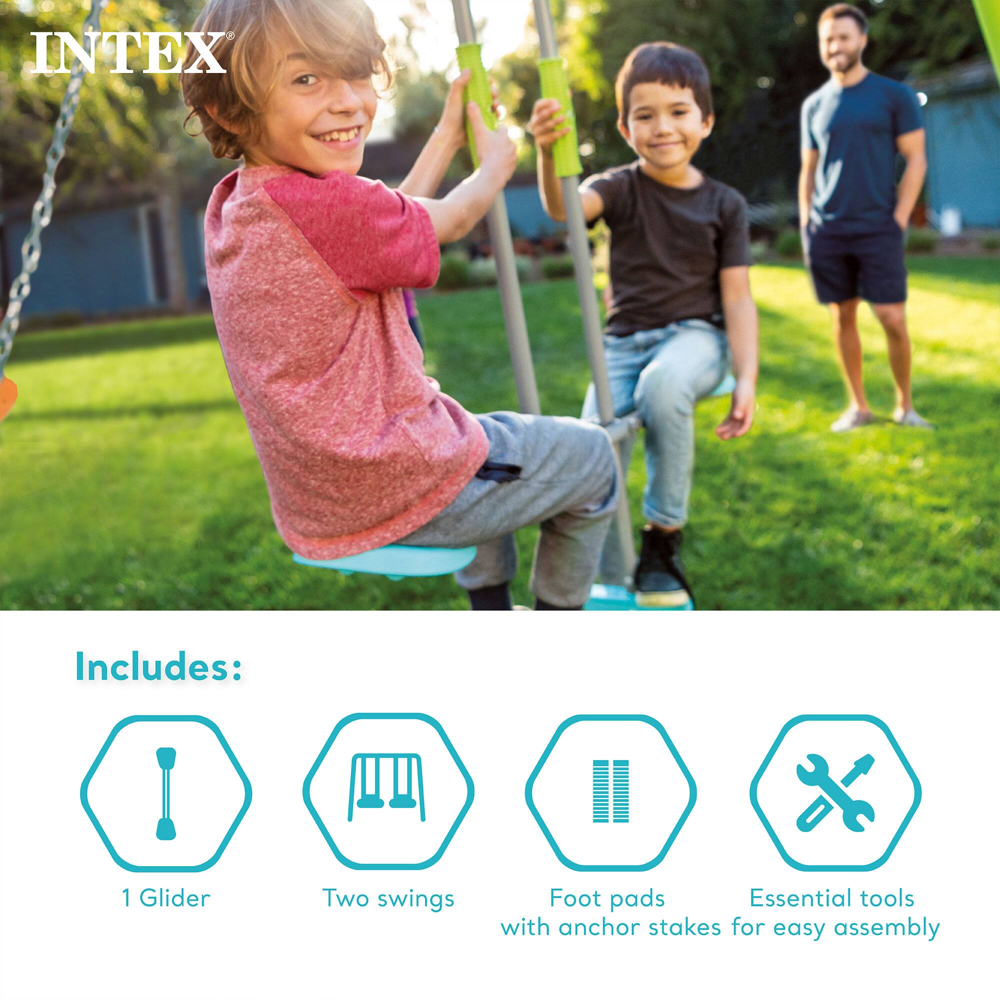 INTEX Includes: 1 Glider, Two swings, Foot pads, Essential tools with anchor stakes for easy assembly