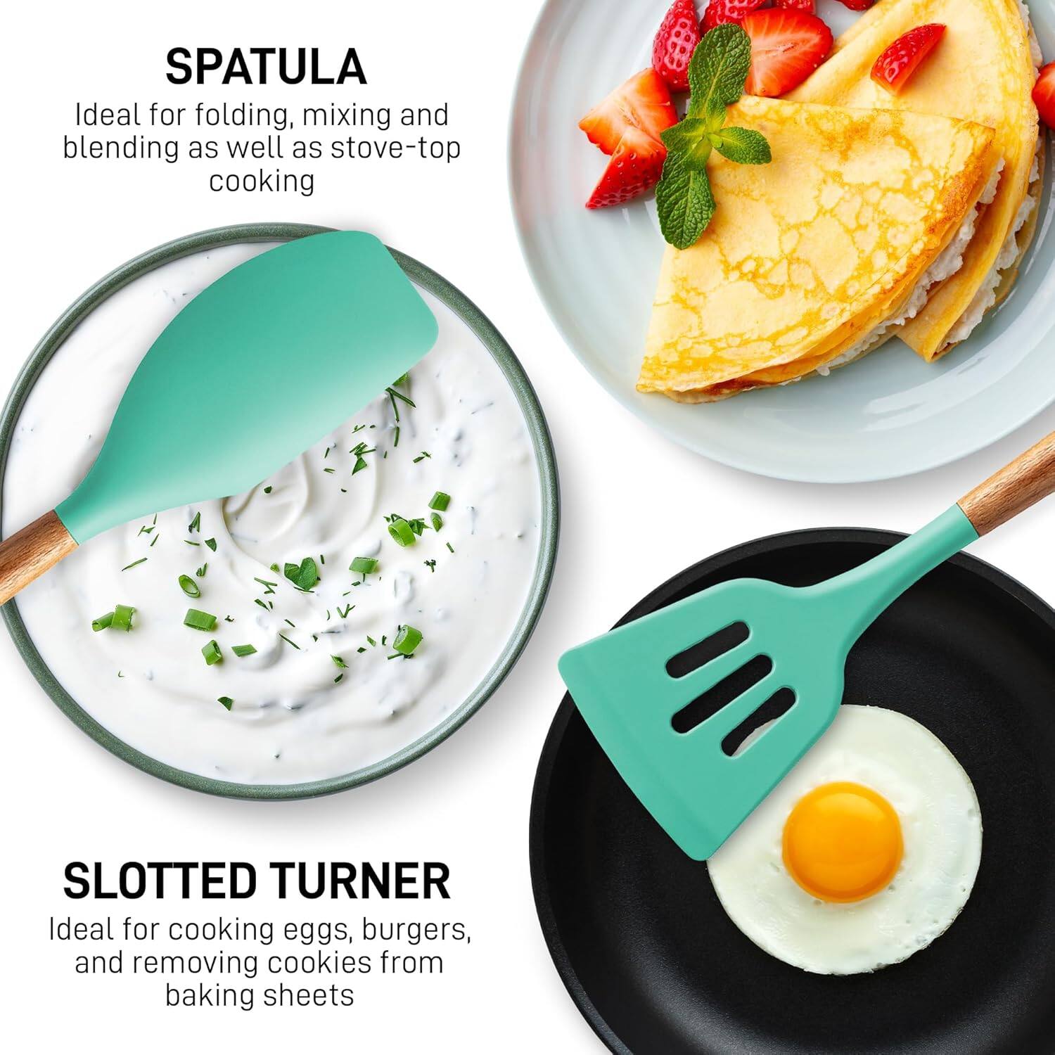 SPATULA  
Ideal for folding, mixing and blending as well as stove-top cooking  

SLOTTED TURNER  
Ideal for cooking eggs, burgers, and removing cookies from baking sheets