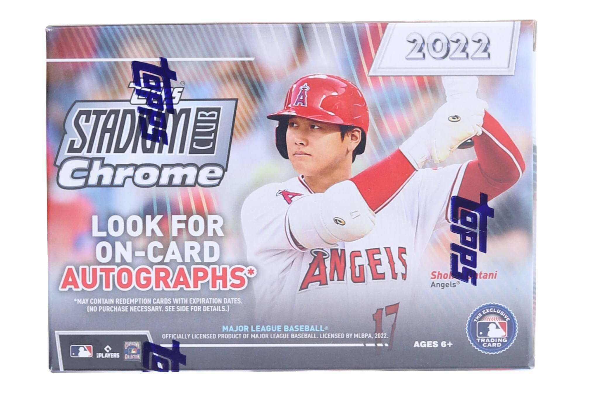 2022  
Topps  
STADIUM Chrome  
LOOK FOR ON-CARD AUTOGRAPHS*  
*May contain redemption cards with expiration dates. (No purchase necessary. See side for details.)  
Officially licensed product of Major League Baseball. Licensed by MLBPA, 2022.  
Ages 6+  
Trading Card  
Shohei Ohtani  
Angels  
The Exclusive Trading Card  
*May contain redemption cards with expiration dates. (No purchase necessary. See side for details.)  
Officially licensed product of Major League Baseball. Licensed by MLBPA, 2022.  
Ages 6+