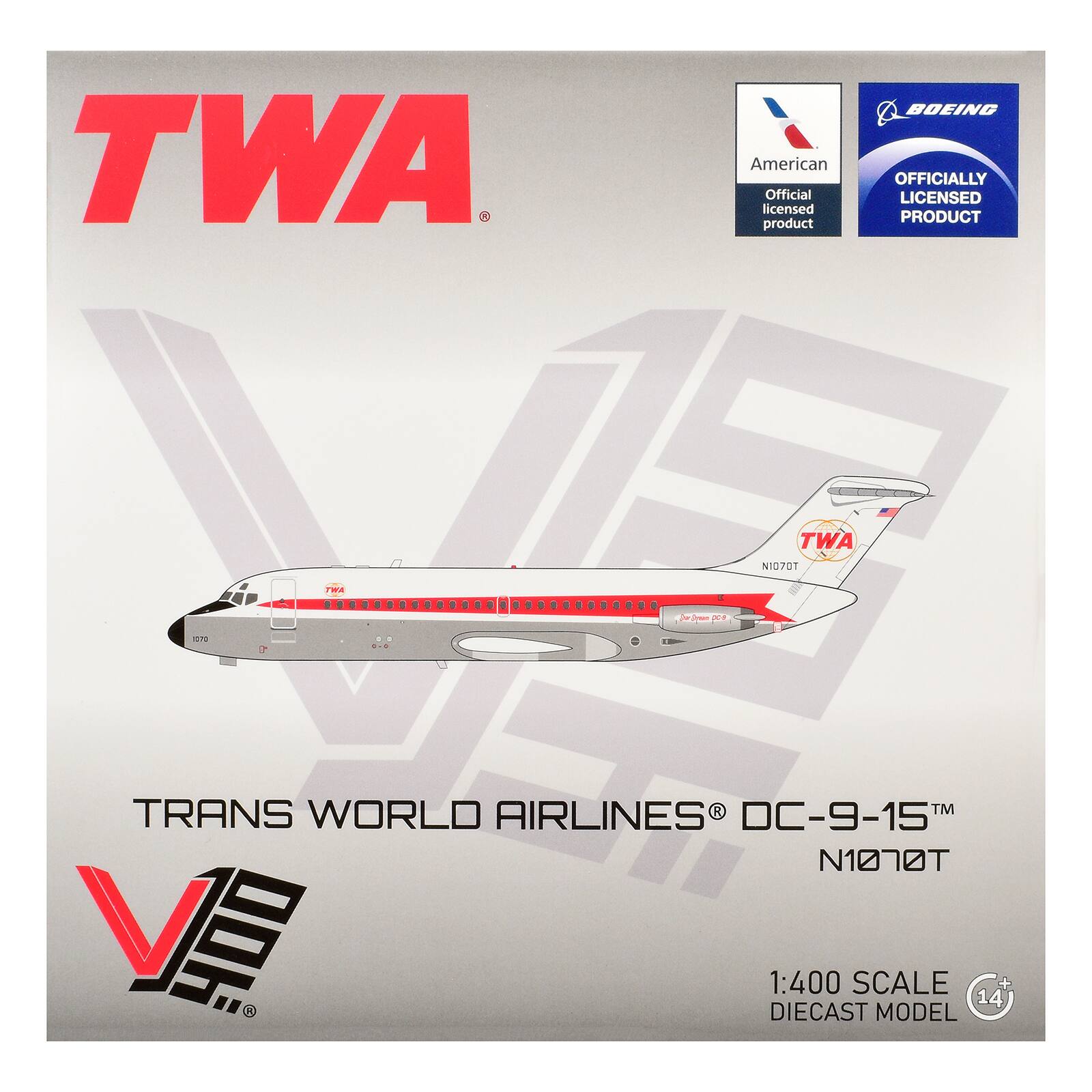TWA  
American Official licensed product  
BOEING OFFICIALLY LICENSED PRODUCT  
TWA  
NI070T  
WA  

Dream  
1070  
TRANS WORLD AIRLINES DC-9-15™ N1070T V 100 1:400 SCALE 14 DIECAST MODEL