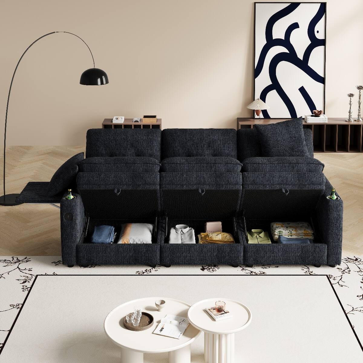 Back. Ropilly - Ropilly 89 Inch Storage Sofa Contemporary Black Chenille Couch with USB Ports Hidden Tabletop Cup Holders 3 Seat - Black.