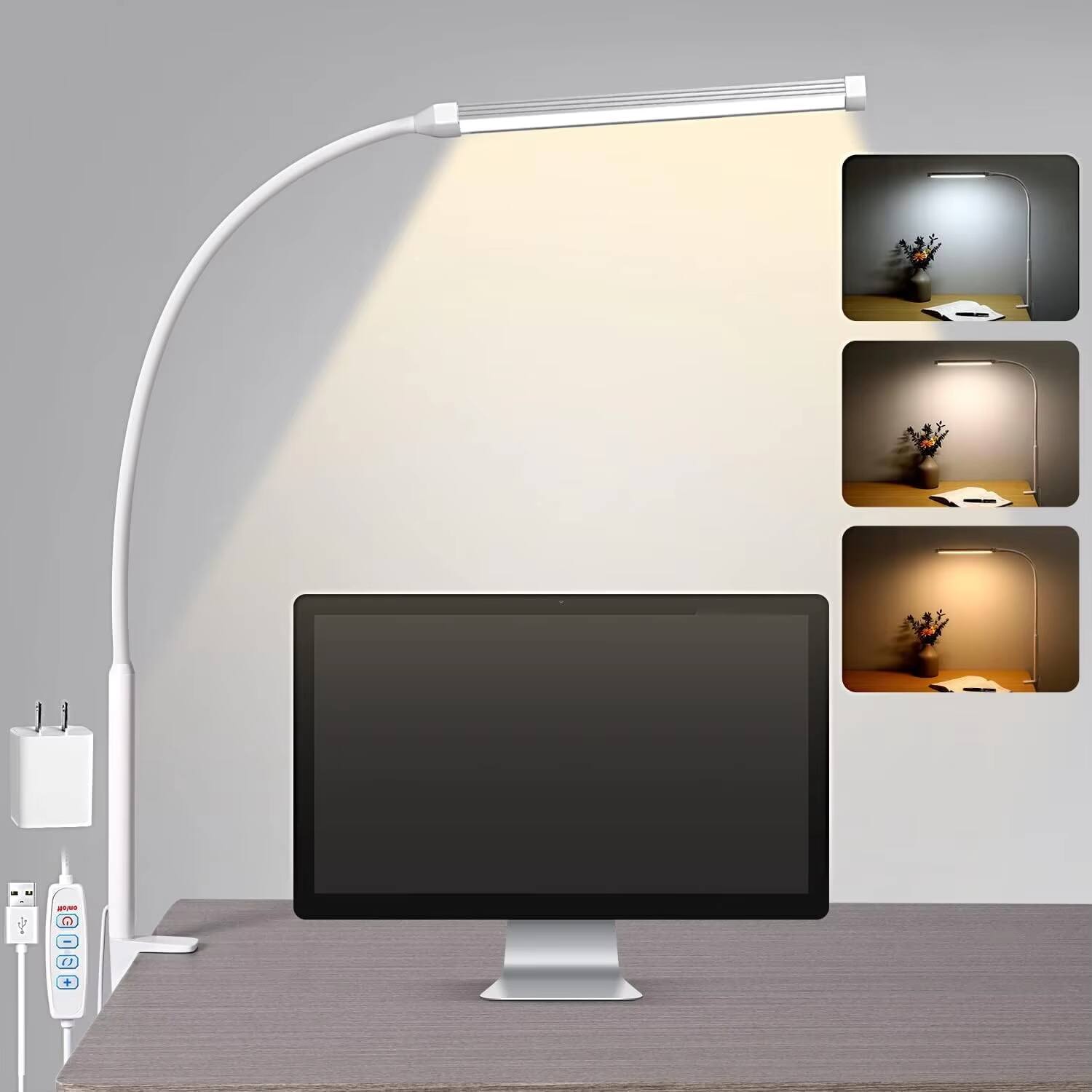 Luckbyte - LED Desk Lamp with Clamp, 30 Lighting Modes (3 Colors & 10 Brightness), 360° Flexible Gooseneck Eye-Caring Light, White