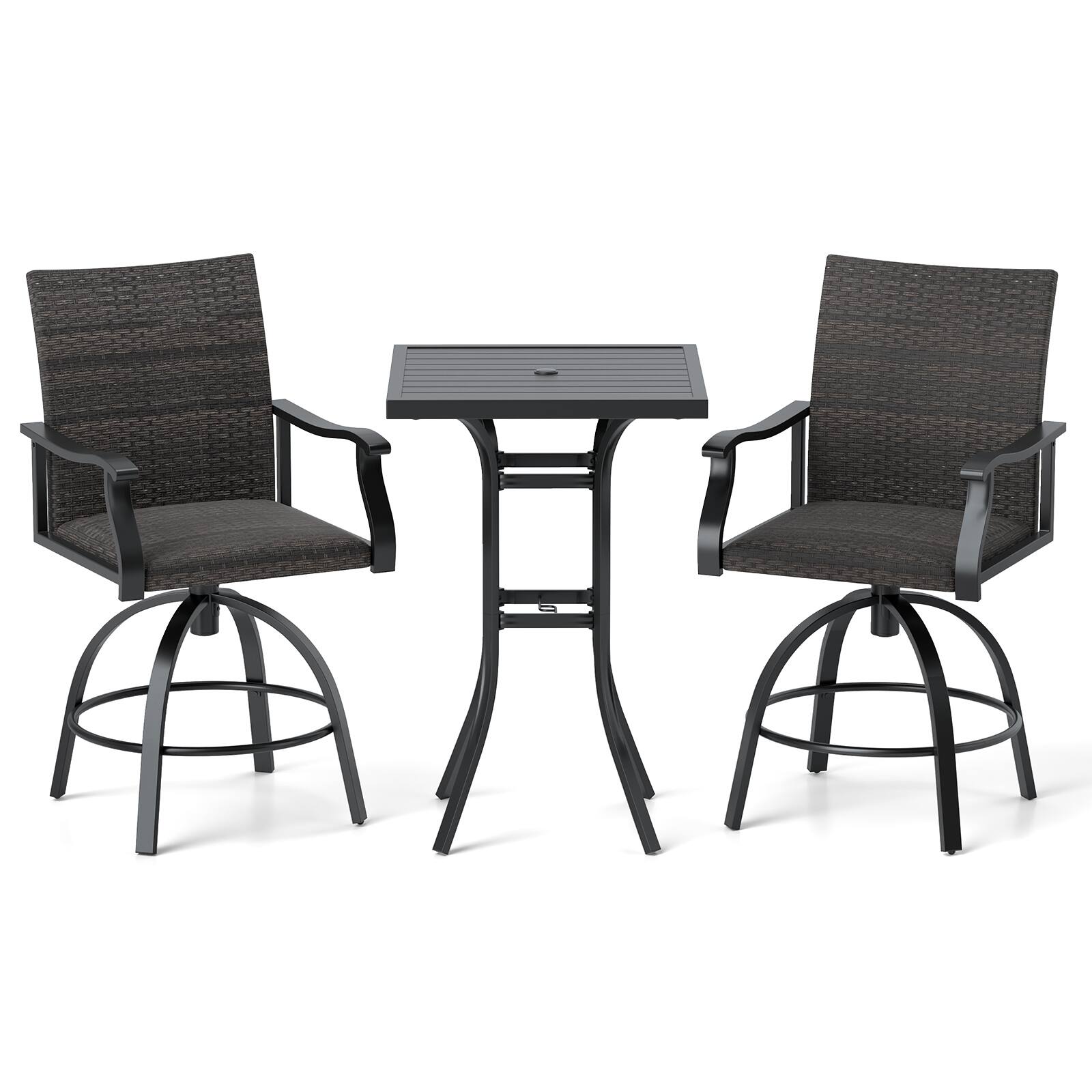 Alt View 9. Gymax - Gymax 3 PCS PE Wicker Patio Swivel Bar Set Table & Chairs w/ Quick-Drying Foam - Mixed Black.