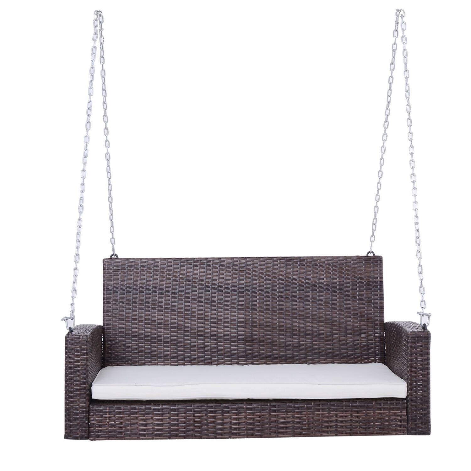Angle. Hivvago - Espresso Wicker Porch Swing 7ft Hanging Chain with Cream Padded Cushion - Espresso with Cream White.