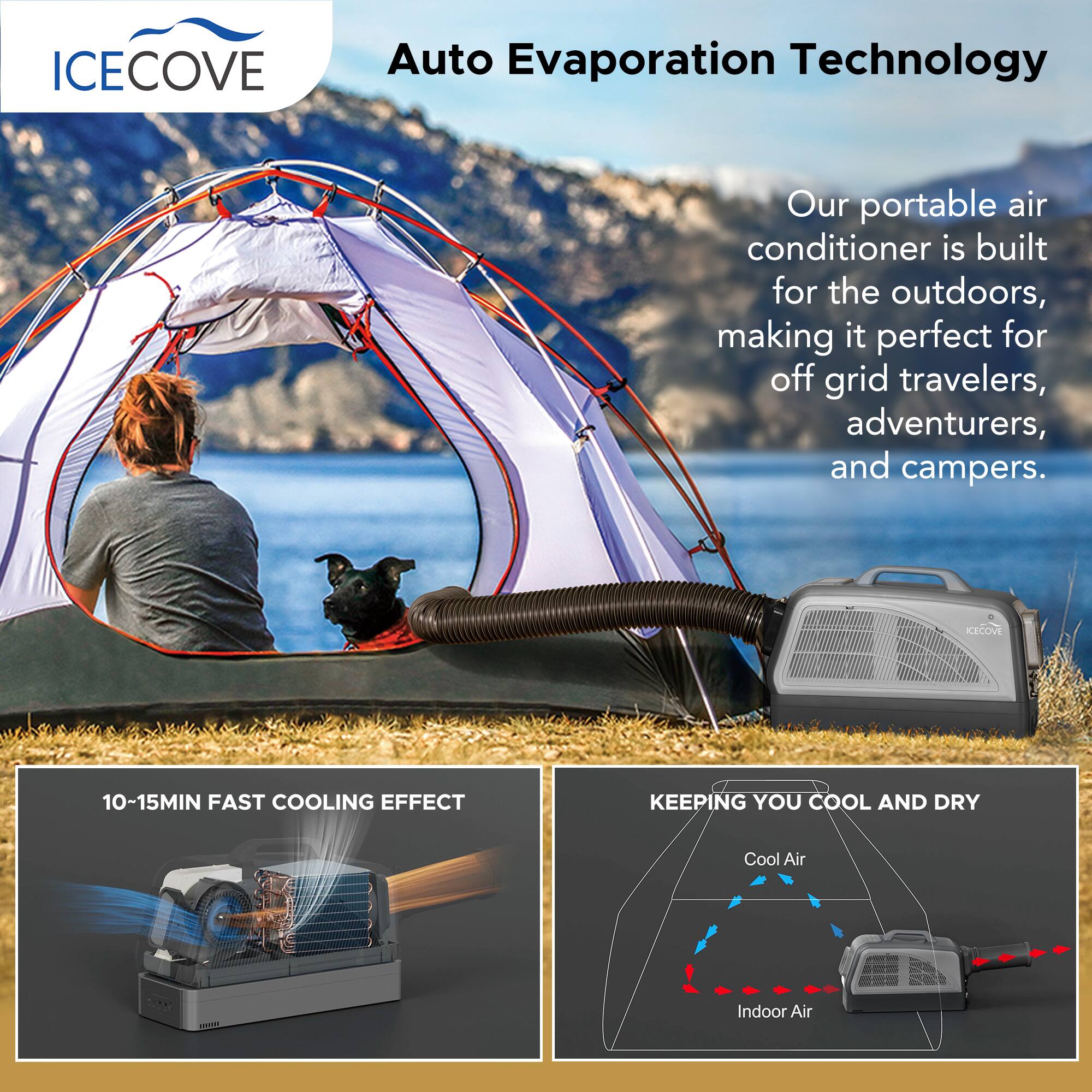 ICECOVE Auto Evaporation Technology

Our portable air conditioner is built for the outdoors, making it perfect for off-grid travelers, adventurers, and campers.

10-15MIN FAST COOLING EFFECT

KEEPING YOU COOL AND DRY

Cool Air

Indoor Air