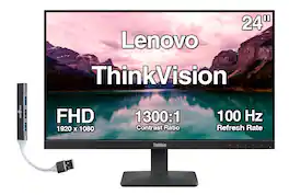 Lenovo - ThinkVision 24" FHD IPS Monitor, 4ms Response Time, 100 Hz Refresh rate, Anti-Glare, Flicker Free, HDMI & DKZ Hub - Black