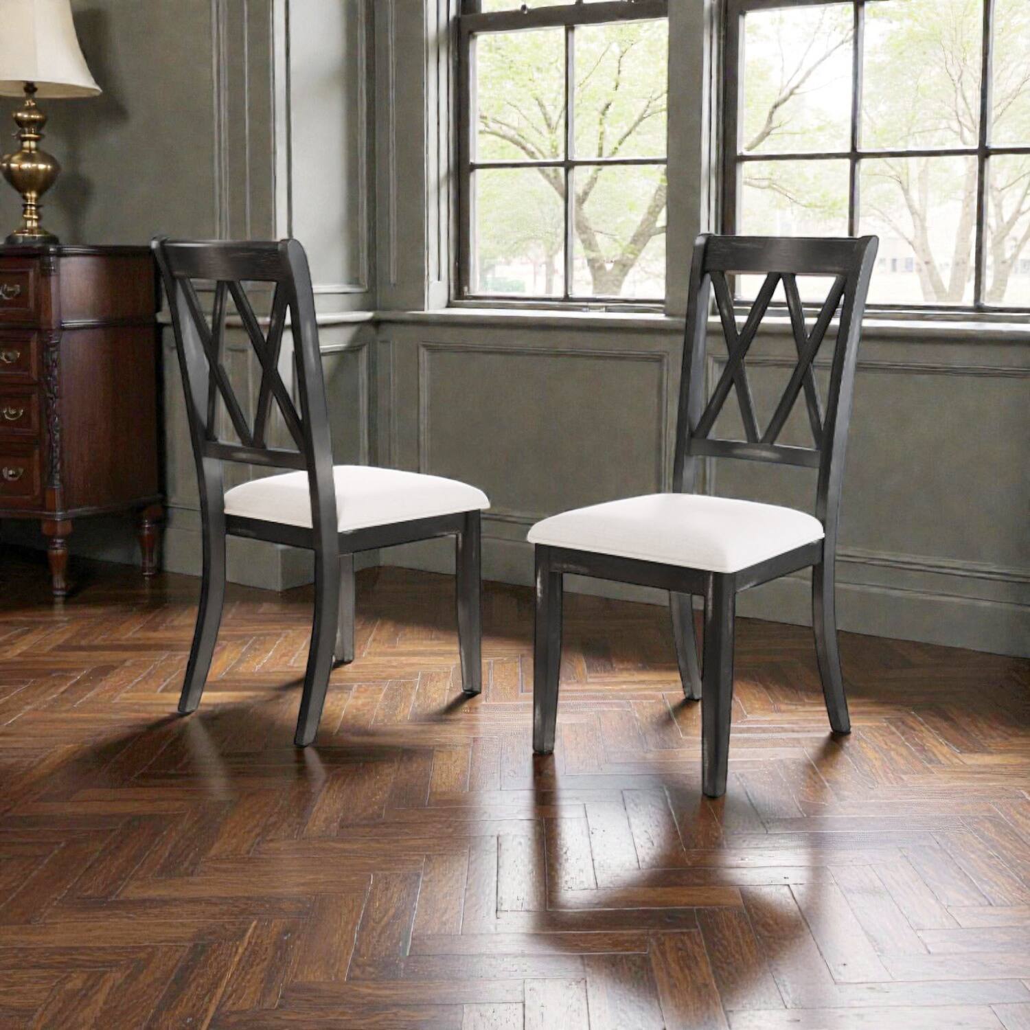 Front. Hivvago - Set of 2 Dining Chairs with Curved Cross-Back Design - Beige, Black.