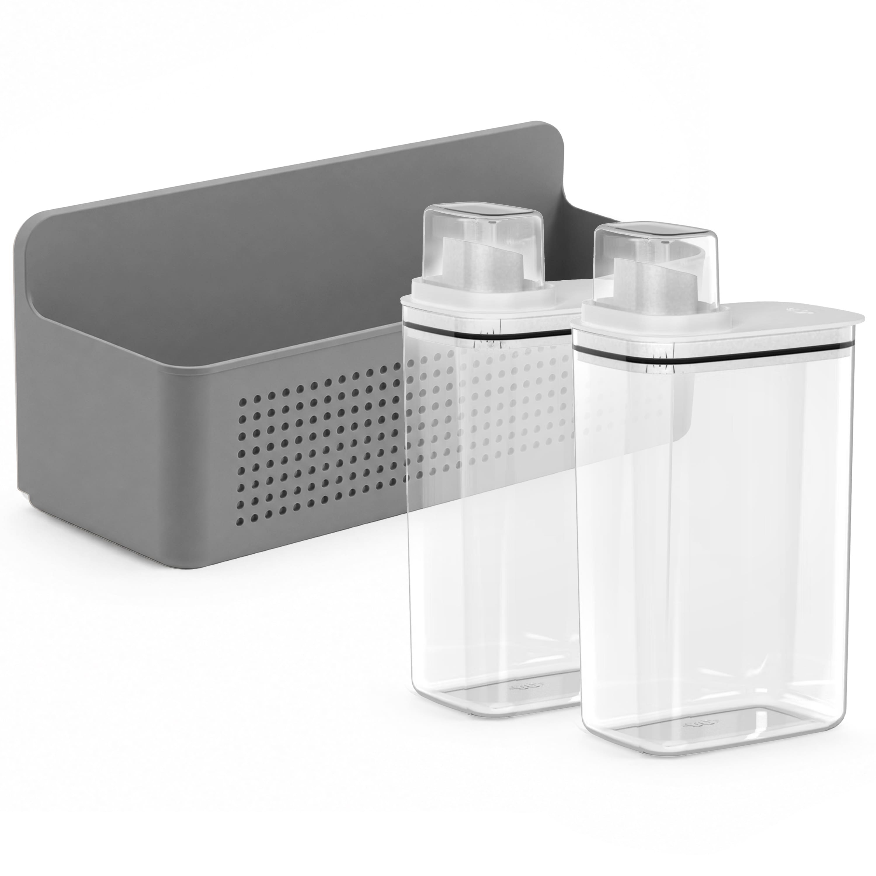 OU - Laundry Detergent Dispenser & Wall Rack Set, 2‑Pack 77 oz Soap Dispensers with Measuring Cap & Hanging Storage Organizer - Dark Gray