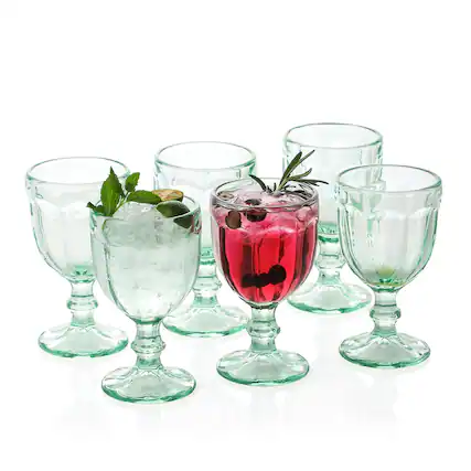 Front. BreeBe - Vintage Embossed Glass Goblet (10.2 oz. set of 6) - Green.