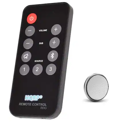 - VOLUME + -
- SUB + -
- SOURCE 1 2 3
- HQRP REMOTE CONTROL RDG