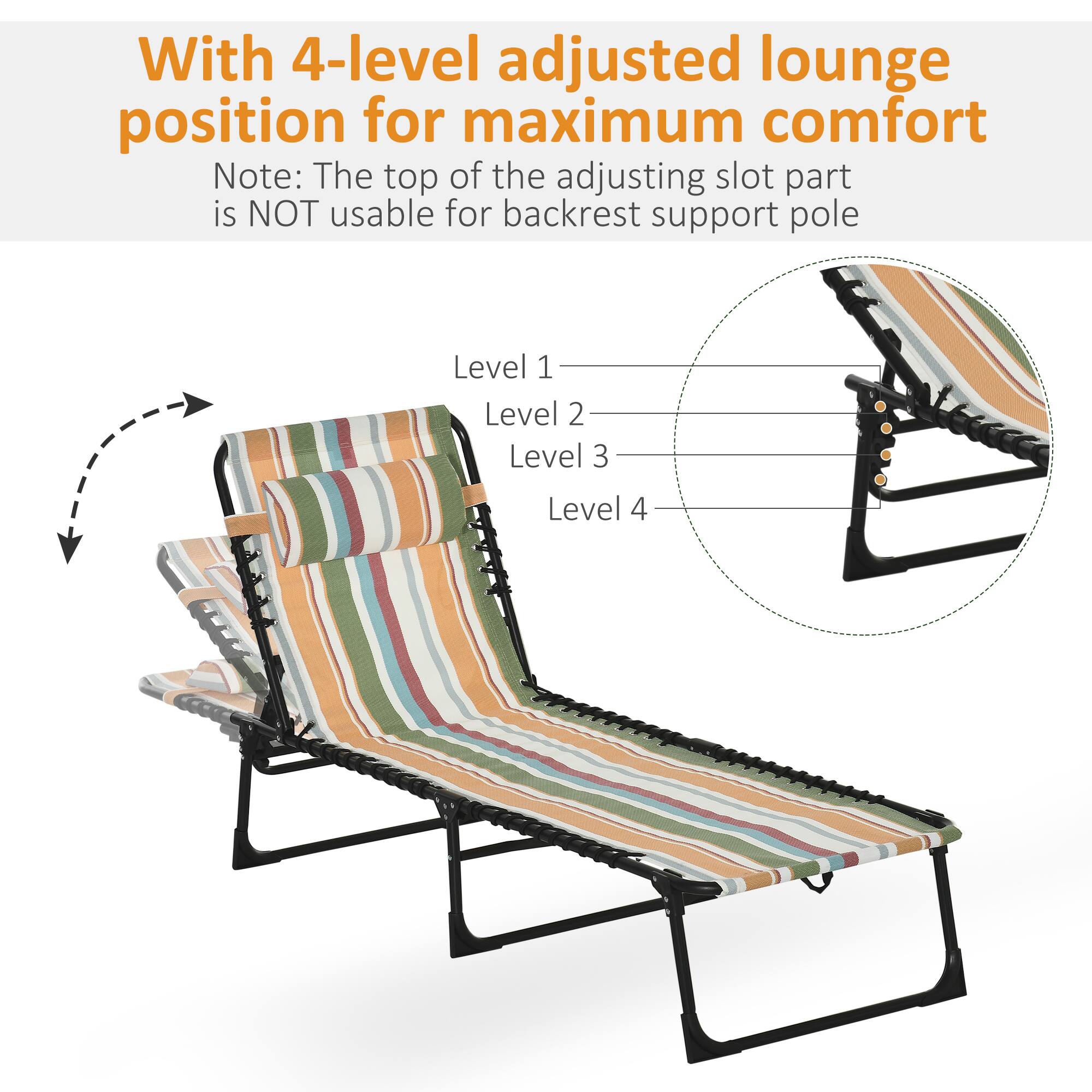 With 4-level adjusted lounge position for maximum comfort

Note: The top of the adjusting slot part is NOT usable for backrest support pole

Level 1
Level 2
Level 3
Level 4