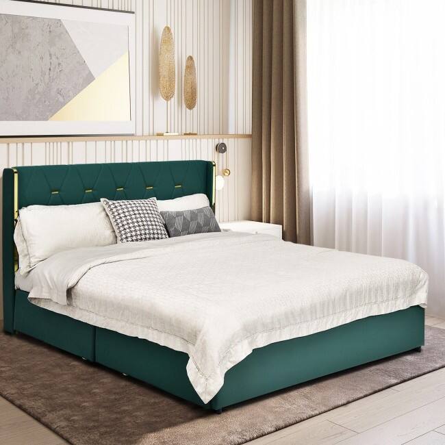 Left. Hivvago - Hivvago Full Size Linen Headboard 4 Drawer Storage Platform Bed - Green/Gold.